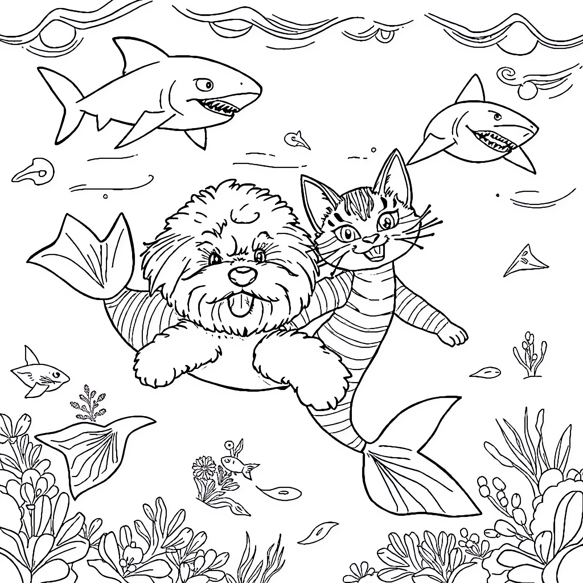Bichon Frise mermaid exploring underwater with shark and sea creatures Coloring Page (free black-and-white line drawing printable PDF for all, from beginners to advanced learners, including children, teens, adults, and seniors)
