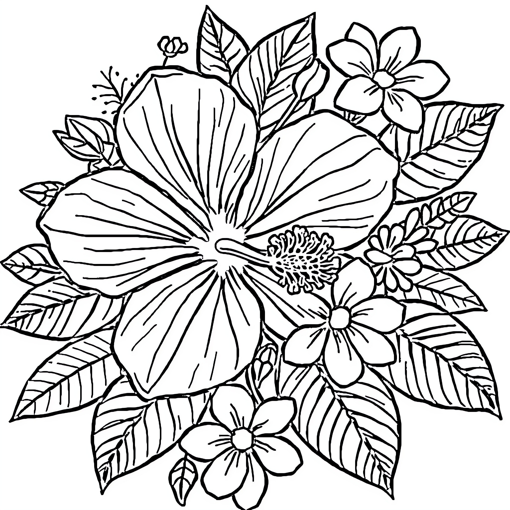 Flower arrangement with tropical blooms Coloring Page (free black-and-white line drawing printable PDF for all, from beginners to advanced learners, including children, teens, adults, and seniors)