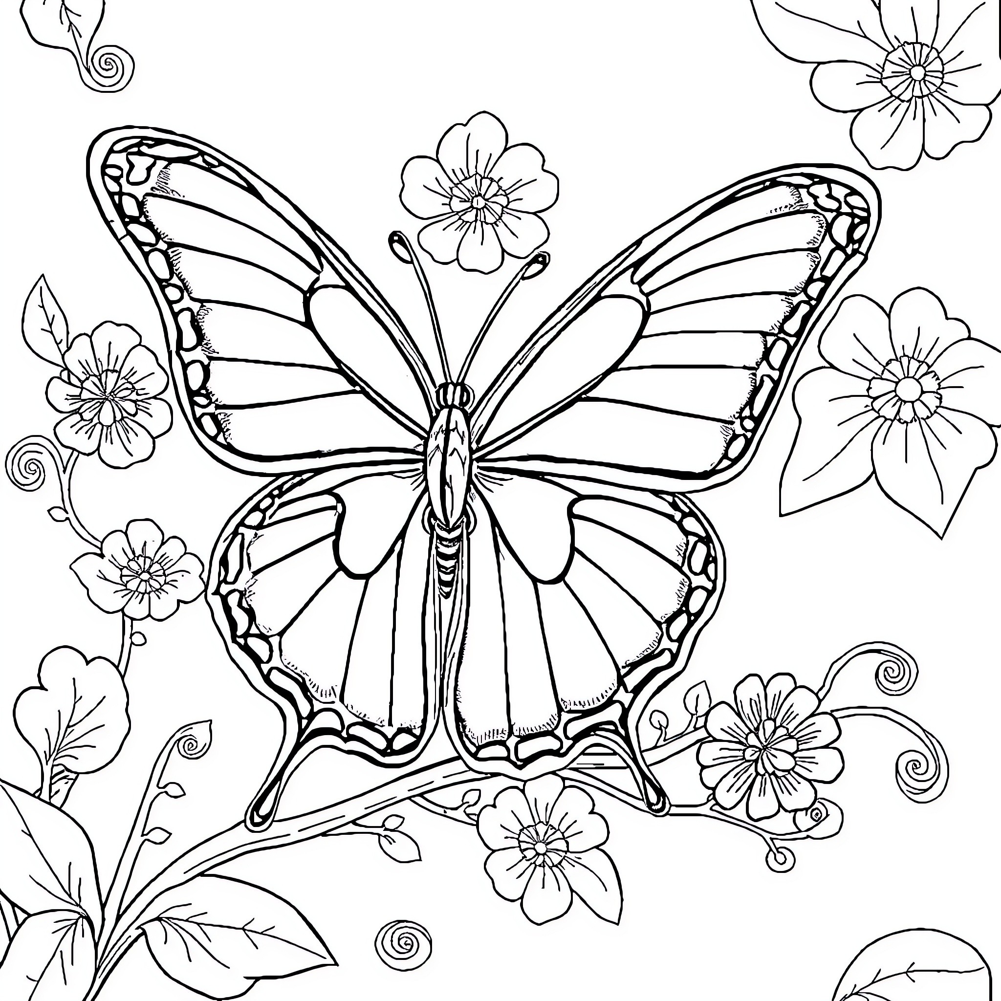 Papillon's Floral Adventure Coloring Page (free black-and-white line drawing printable PDF for all, from beginners to advanced learners, including children, teens, adults, and seniors)