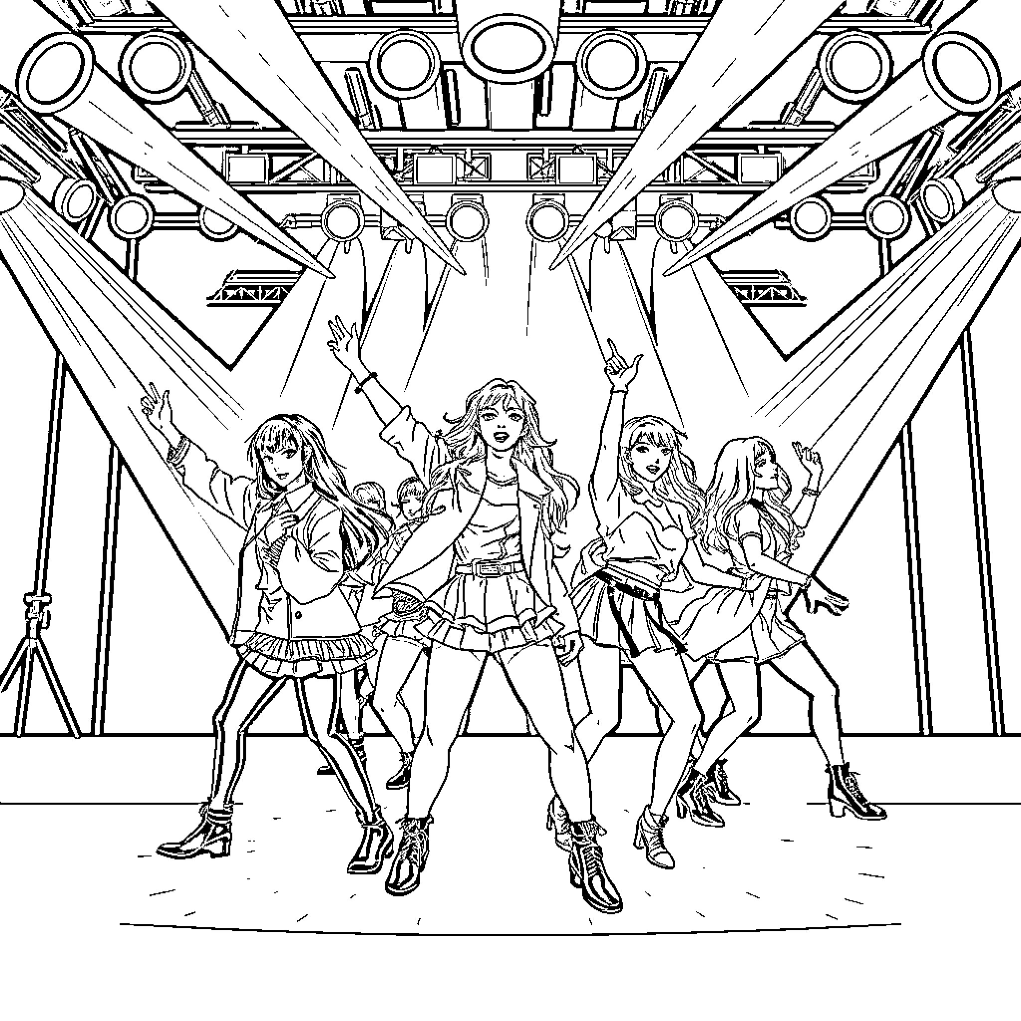 K Pop Performers on Stage with Energetic Choreography Coloring Page (free black-and-white line drawing printable PDF for all, from beginners to advanced learners, including children, teens, adults, and seniors)