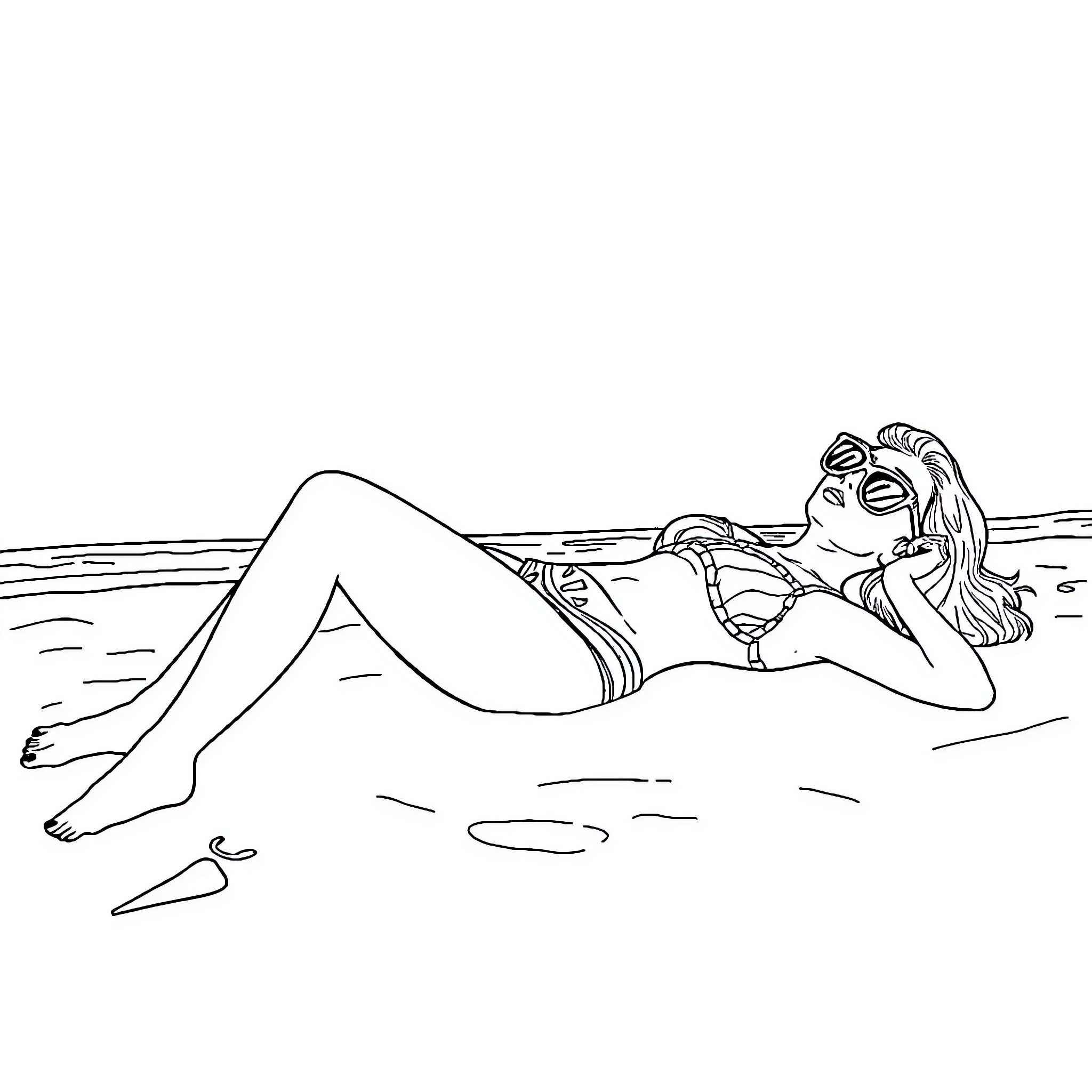 Marin Kitagawa relaxing on the beach Coloring Page (free black-and-white line drawing printable PDF for all, from beginners to advanced learners, including children, teens, adults, and seniors)