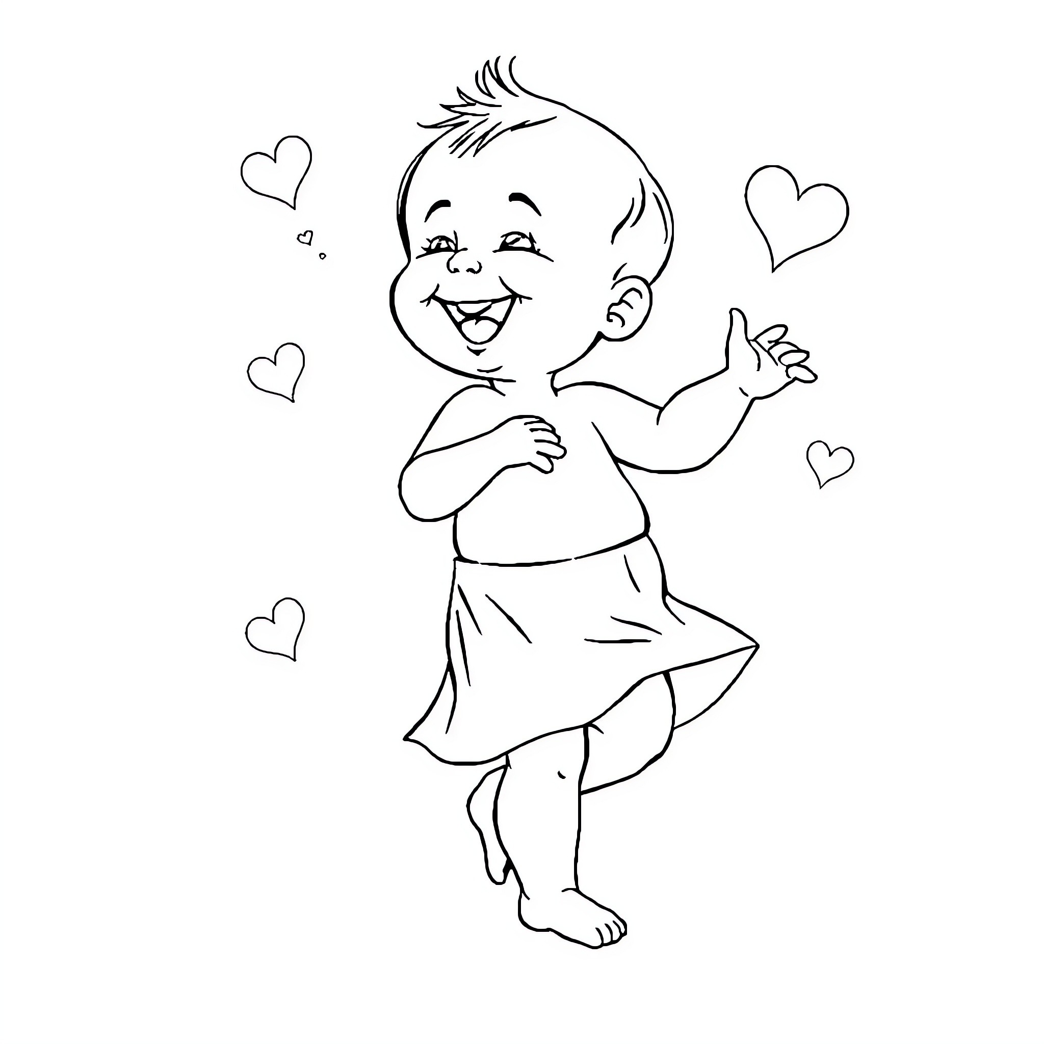 Baby joyfully dancing with hearts Coloring Page (free black-and-white line drawing printable PDF for all, from beginners to advanced learners, including children, teens, adults, and seniors)