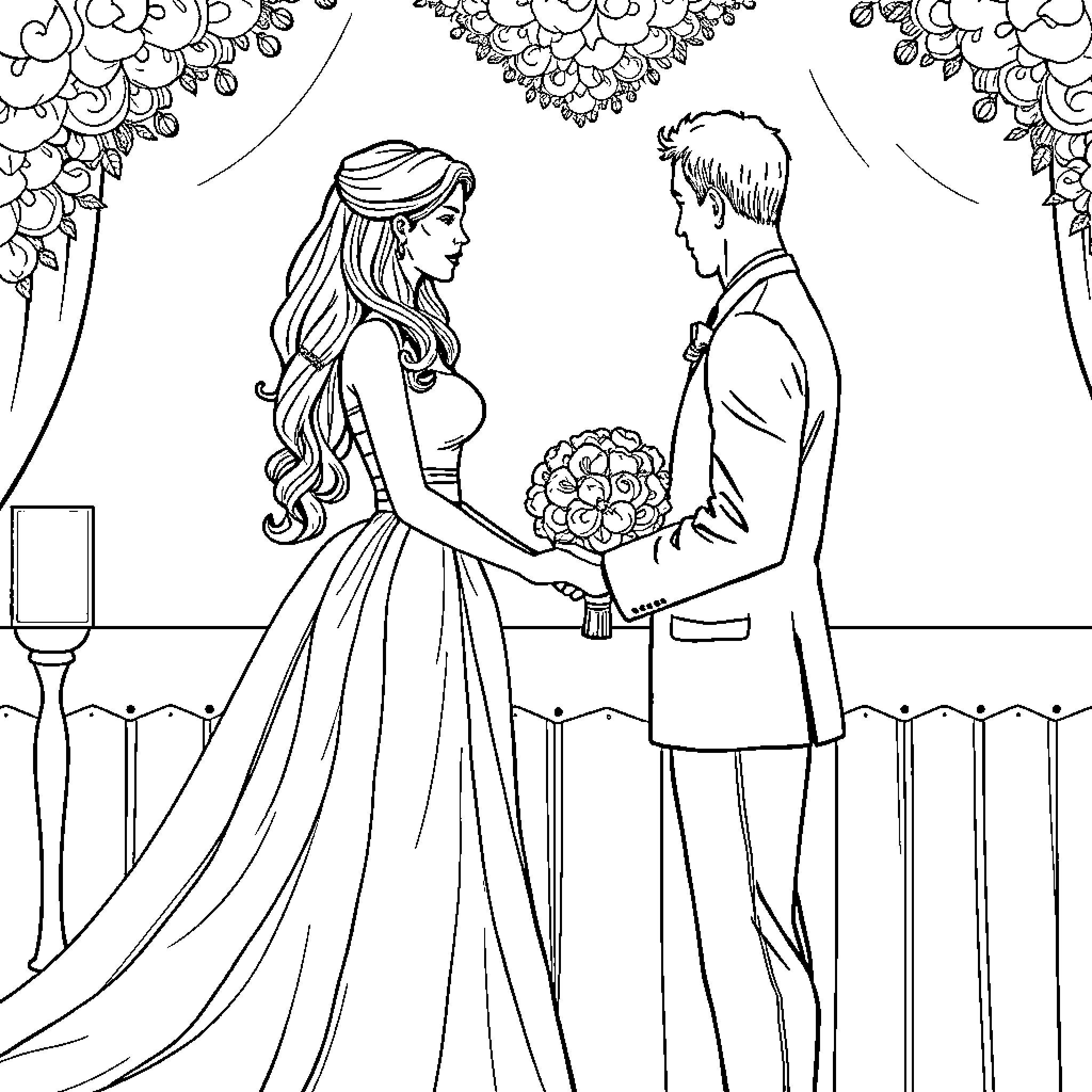 Woman and man in formal attire at their wedding ceremony Coloring Page (free black-and-white line drawing printable PDF for all, from beginners to advanced learners, including children, teens, adults, and seniors)