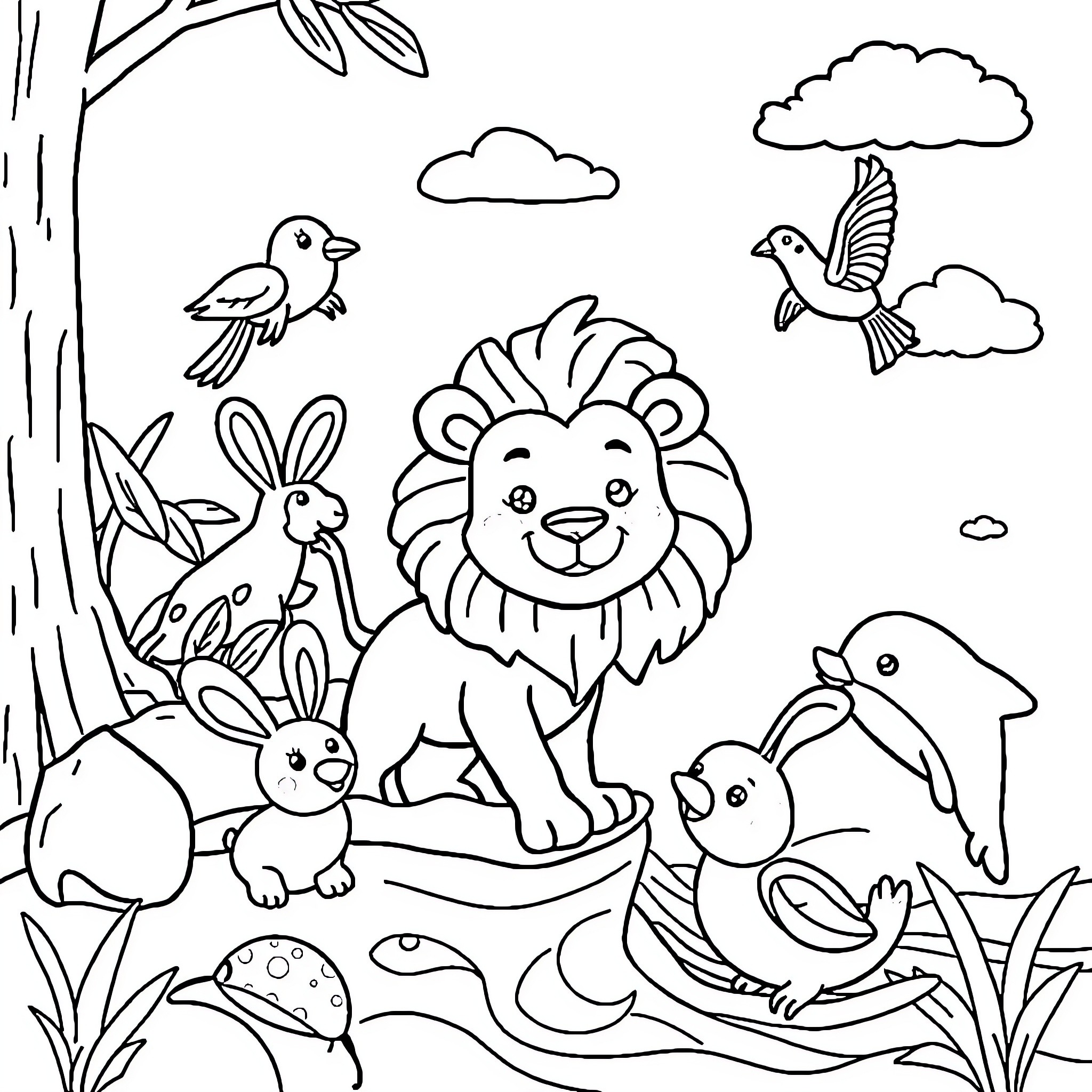 Animals playing in the forest Coloring Page (free black-and-white line drawing printable PDF for all, from beginners to advanced learners, including children, teens, adults, and seniors)