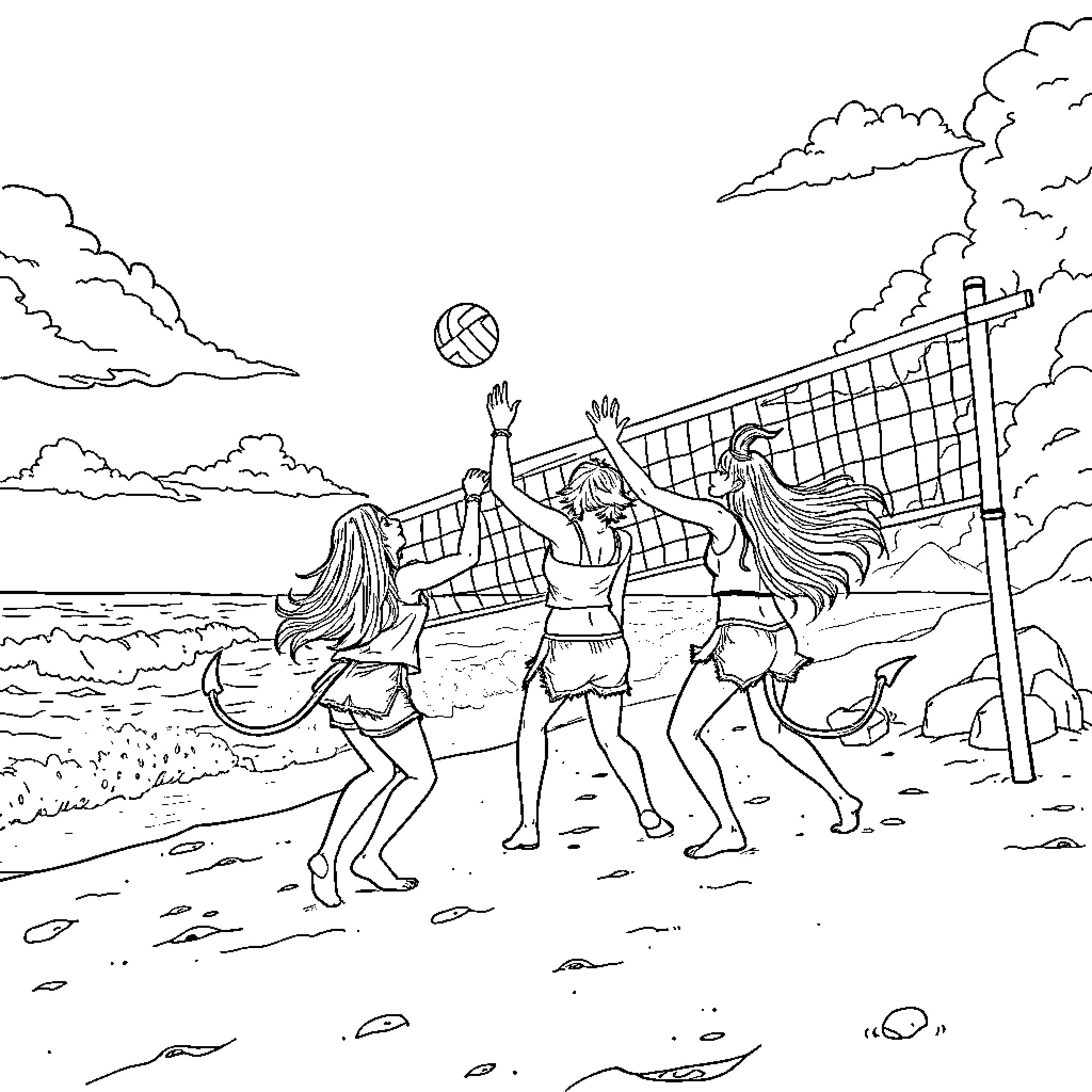 Demon Hunter Volleyball Players on the Beach Coloring Page (free black-and-white line drawing printable PDF for all, from beginners to advanced learners, including children, teens, adults, and seniors)