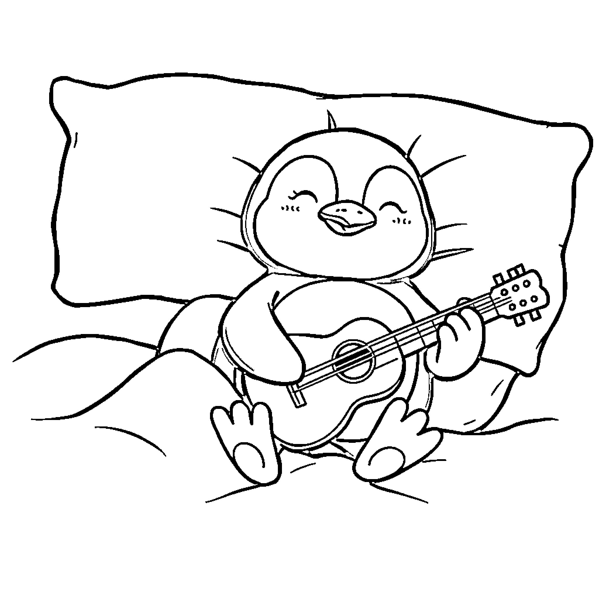 Penguin playing guitar in the sun Coloring Page (free black-and-white line drawing printable PDF for all, from beginners to advanced learners, including children, teens, adults, and seniors)