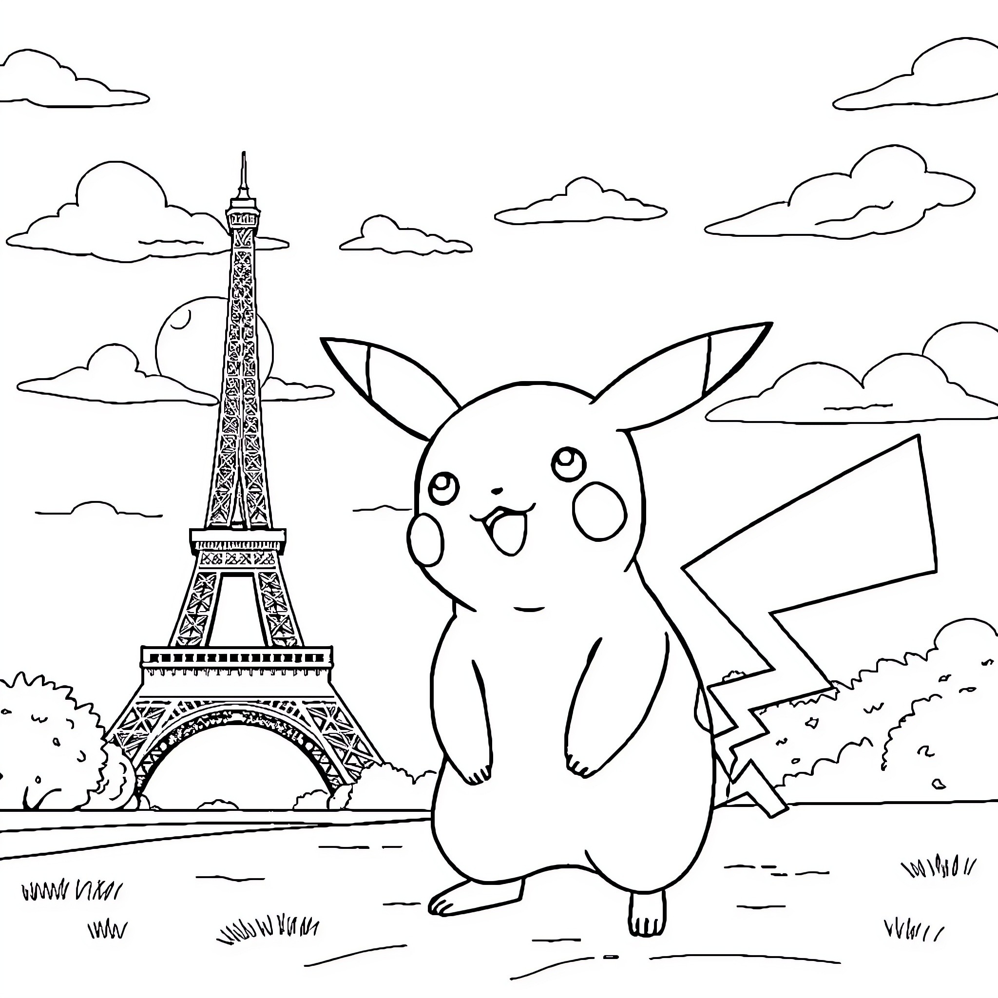 Pikachu's Parisian Adventure Coloring Page (free black-and-white line drawing printable PDF for all, from beginners to advanced learners, including children, teens, adults, and seniors)