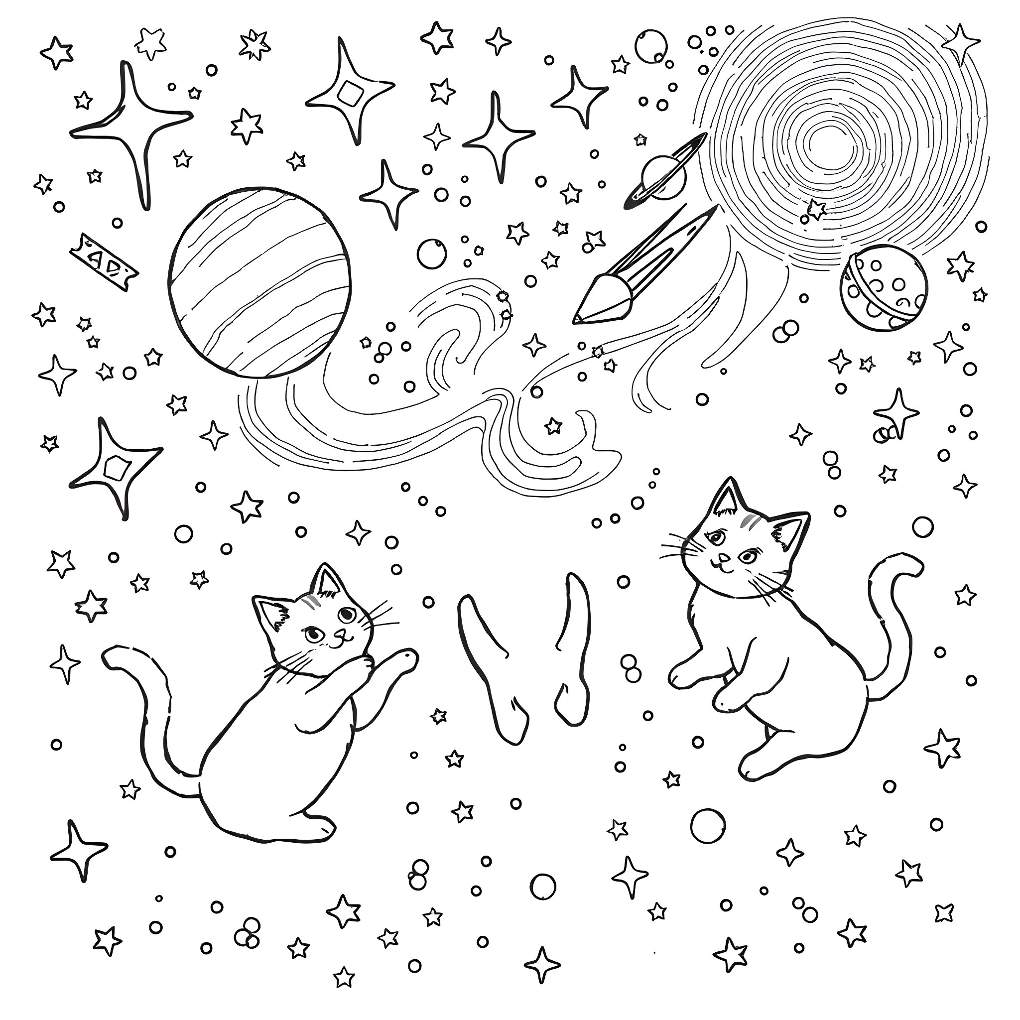 Cats playing in the cosmic universe Coloring Page (free black-and-white line drawing printable PDF for all, from beginners to advanced learners, including children, teens, adults, and seniors)