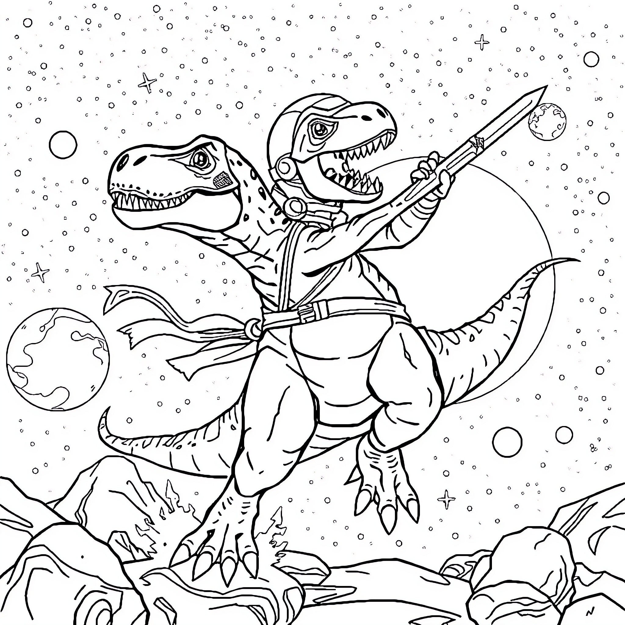 T-Rex Astronauts Exploring the Galaxy Coloring Page (free black-and-white line drawing printable PDF for all, from beginners to advanced learners, including children, teens, adults, and seniors)