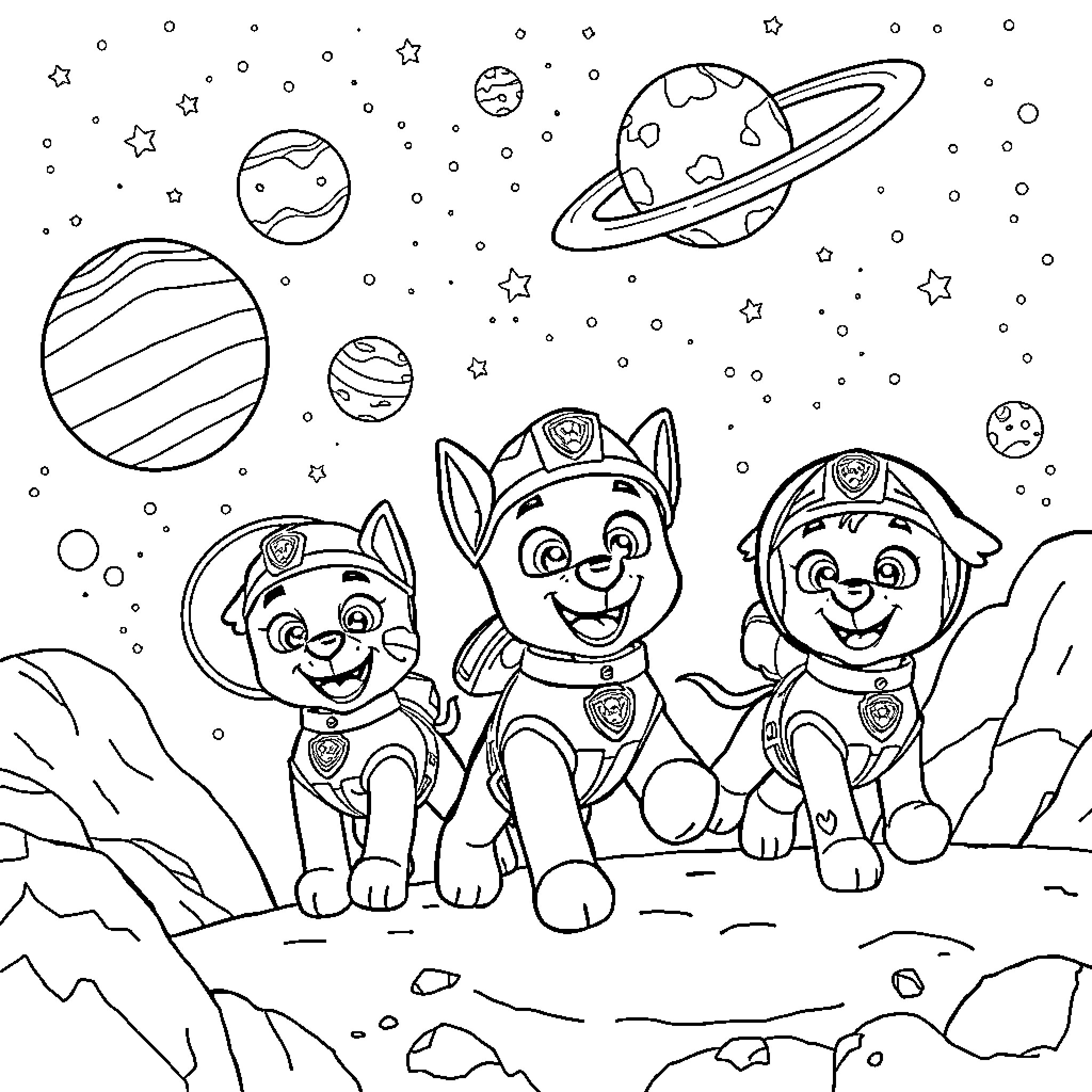 Paw Patrol Explore the Outer Space Adventure Coloring Page (free black-and-white line drawing printable PDF for all, from beginners to advanced learners, including children, teens, adults, and seniors)