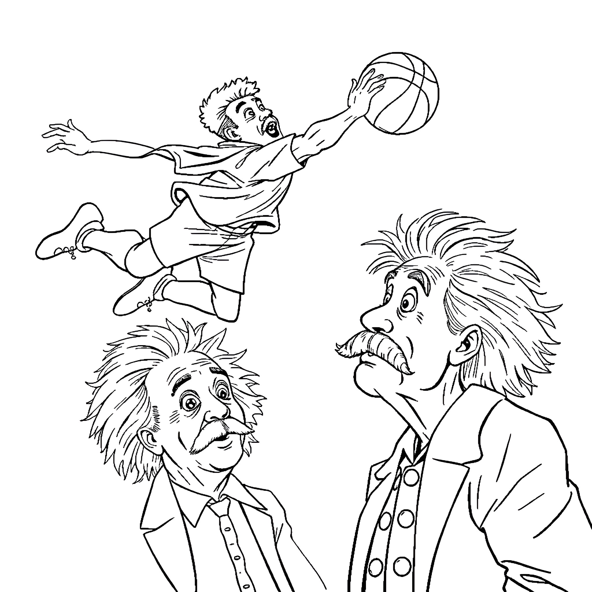 Neil DeGrasse Tyson playing basketball with animated characters Coloring Page (free black-and-white line drawing printable PDF for all, from beginners to advanced learners, including children, teens, adults, and seniors)