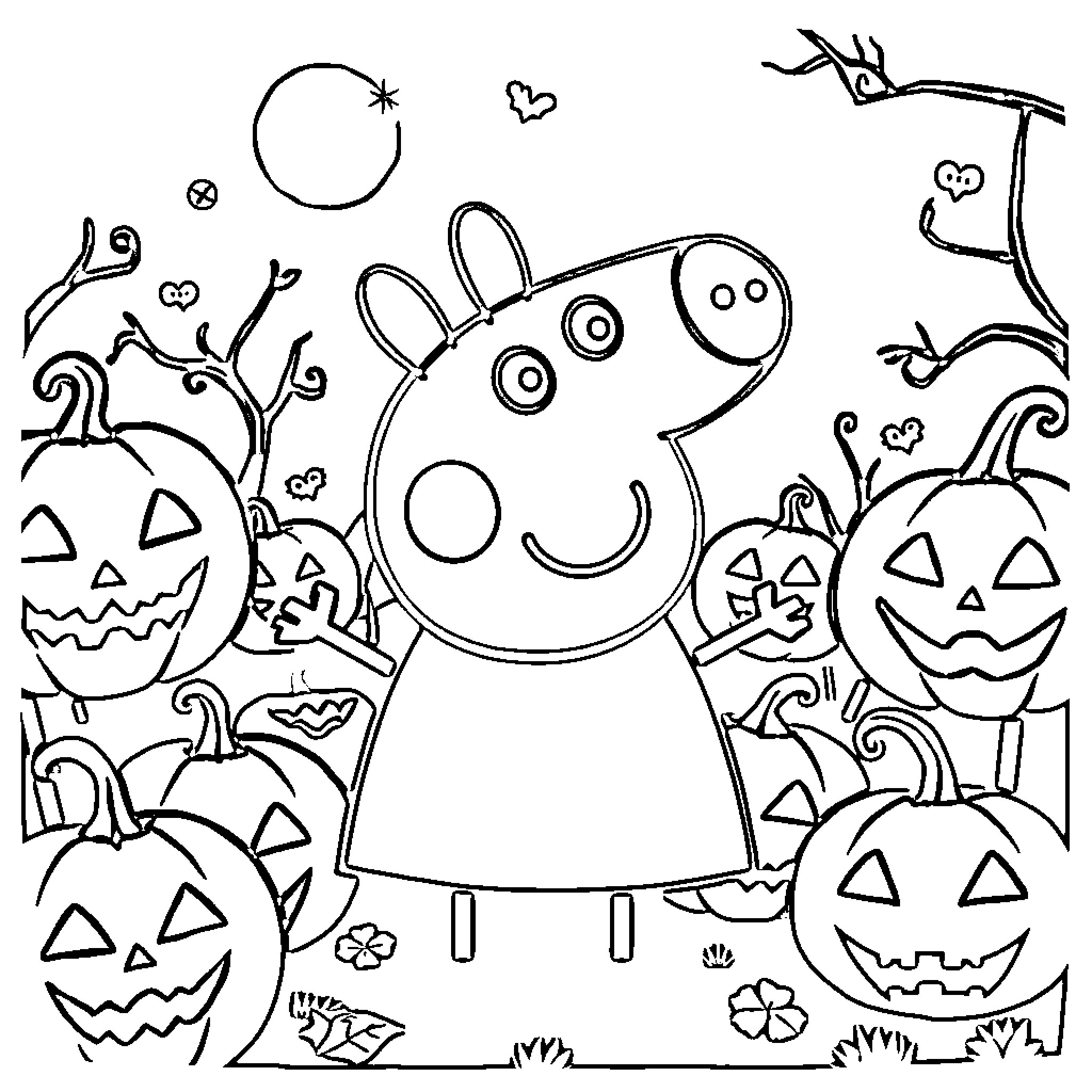 Peppa Pig in a Halloween-themed Scene Coloring Page (free black-and-white line drawing printable PDF for all, from beginners to advanced learners, including children, teens, adults, and seniors)