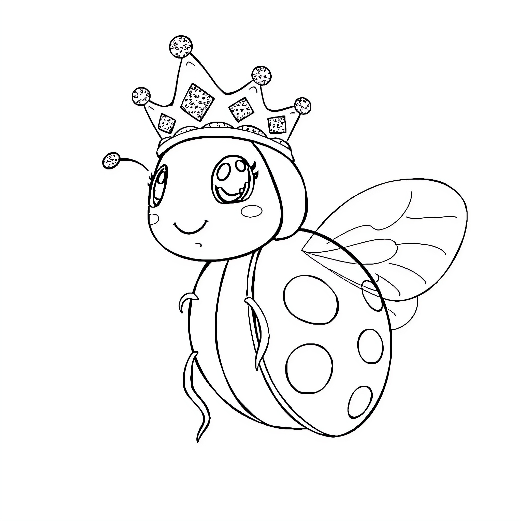 Ladybug with a Whimsical Crown Coloring Page (free black-and-white line drawing printable PDF for all, from beginners to advanced learners, including children, teens, adults, and seniors)