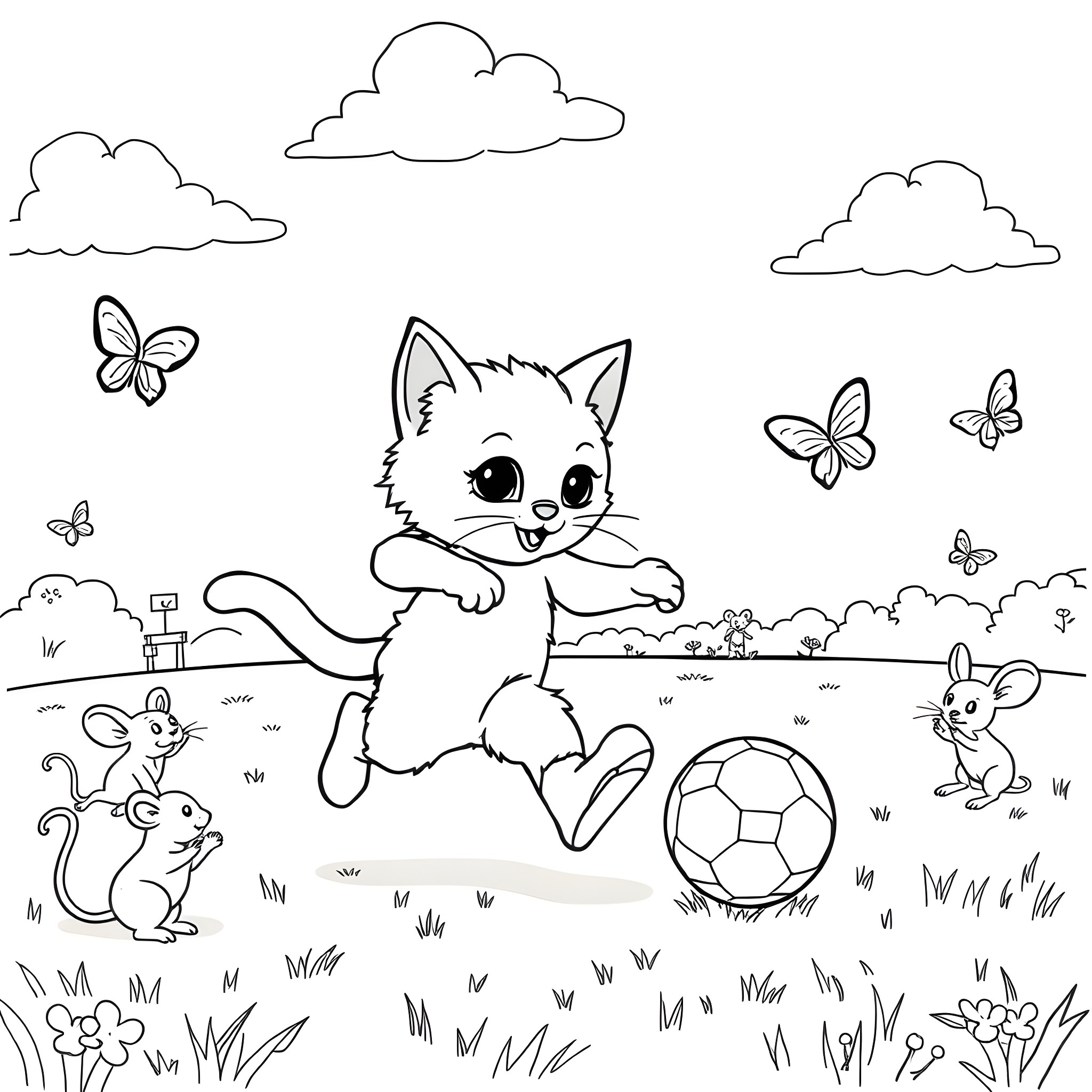 Cat playing with mice and butterflies in the park Coloring Page (free black-and-white line drawing printable PDF for all, from beginners to advanced learners, including children, teens, adults, and seniors)