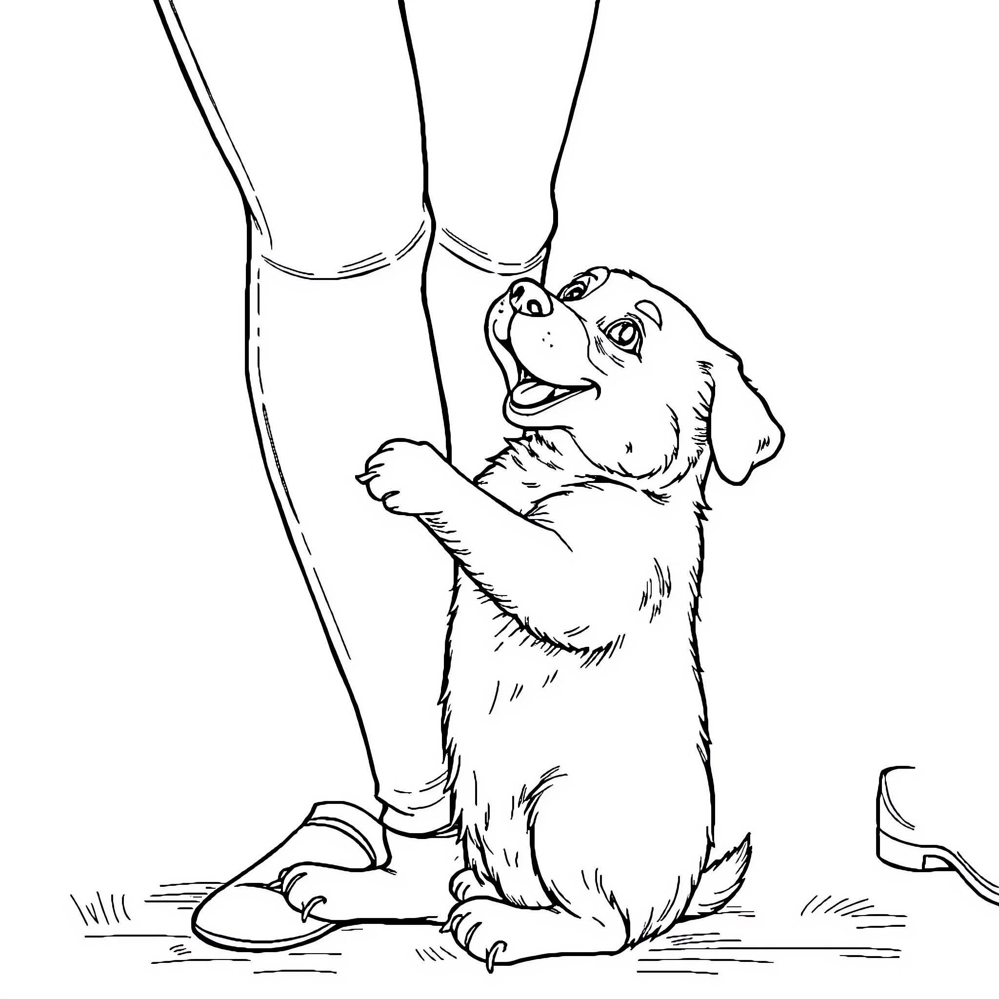 Dog excitedly greeting its owner Coloring Page (free black-and-white line drawing printable PDF for all, from beginners to advanced learners, including children, teens, adults, and seniors)