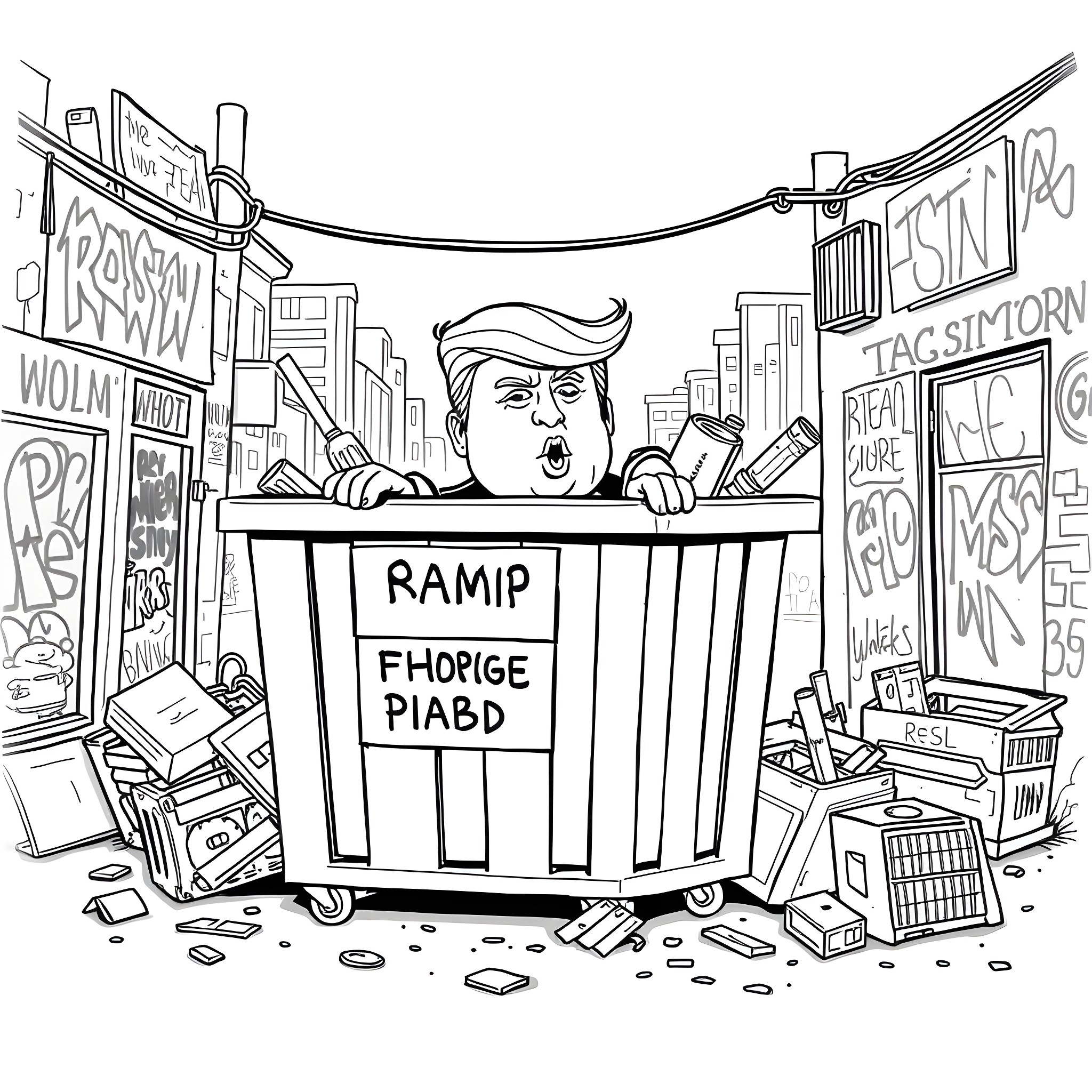 Trump ranting and raving in a messy urban scene Coloring Page (free black-and-white line drawing printable PDF for all, from beginners to advanced learners, including children, teens, adults, and seniors)
