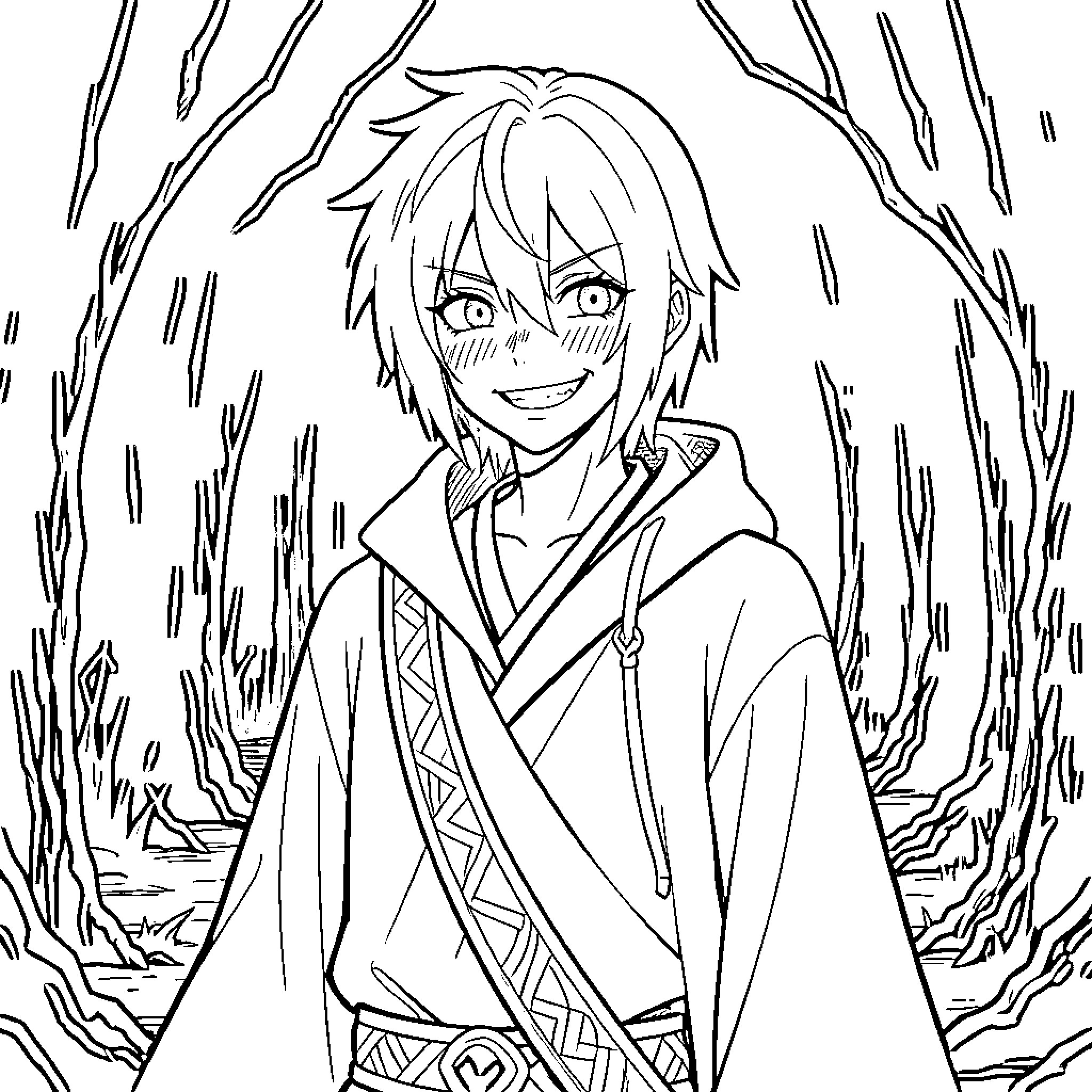 Petelgeuse smiling mischievously amidst swirling branches Coloring Page (free black-and-white line drawing printable PDF for all, from beginners to advanced learners, including children, teens, adults, and seniors)