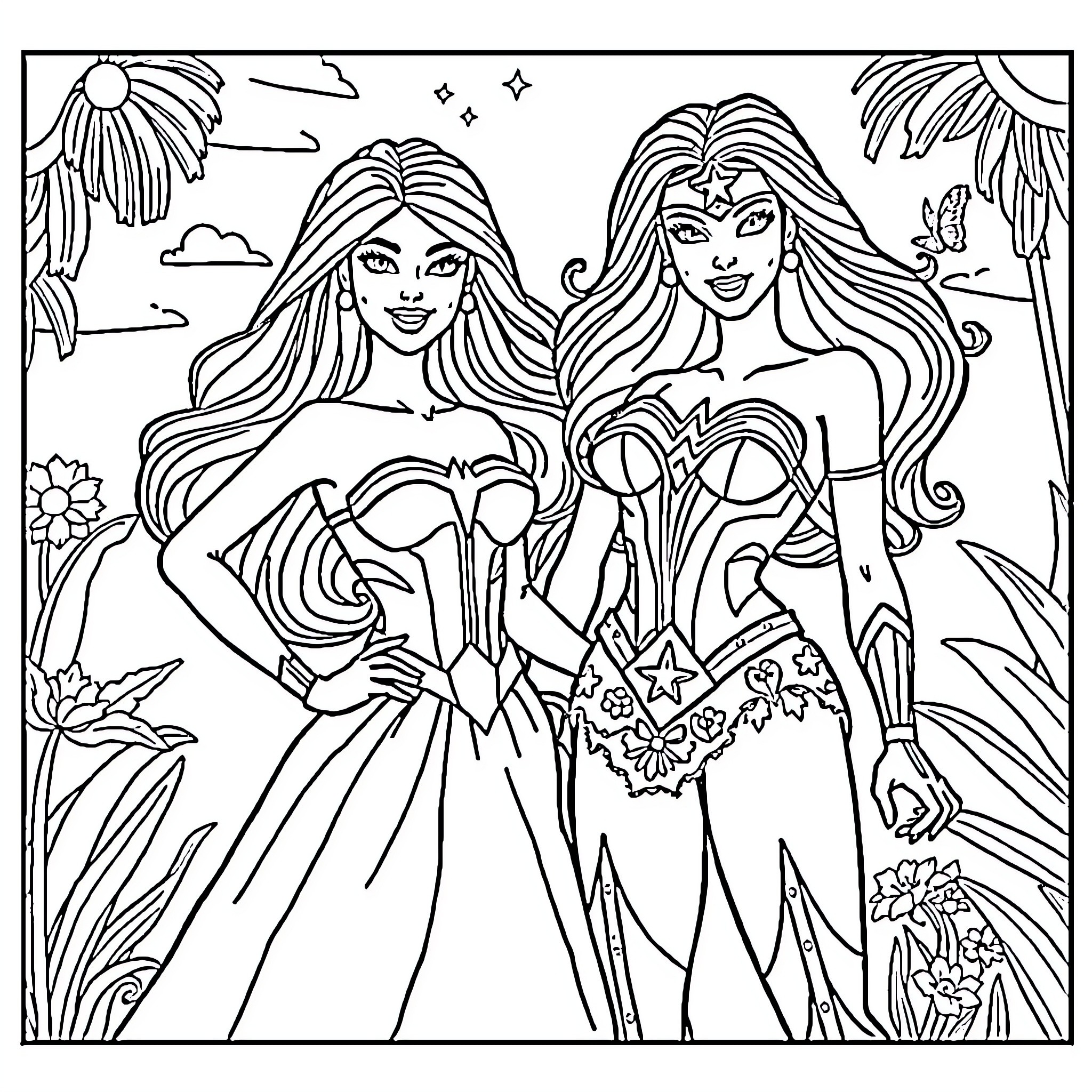 Barbie Friends Enjoying the Outdoors Coloring Page (free black-and-white line drawing printable PDF for all, from beginners to advanced learners, including children, teens, adults, and seniors)
