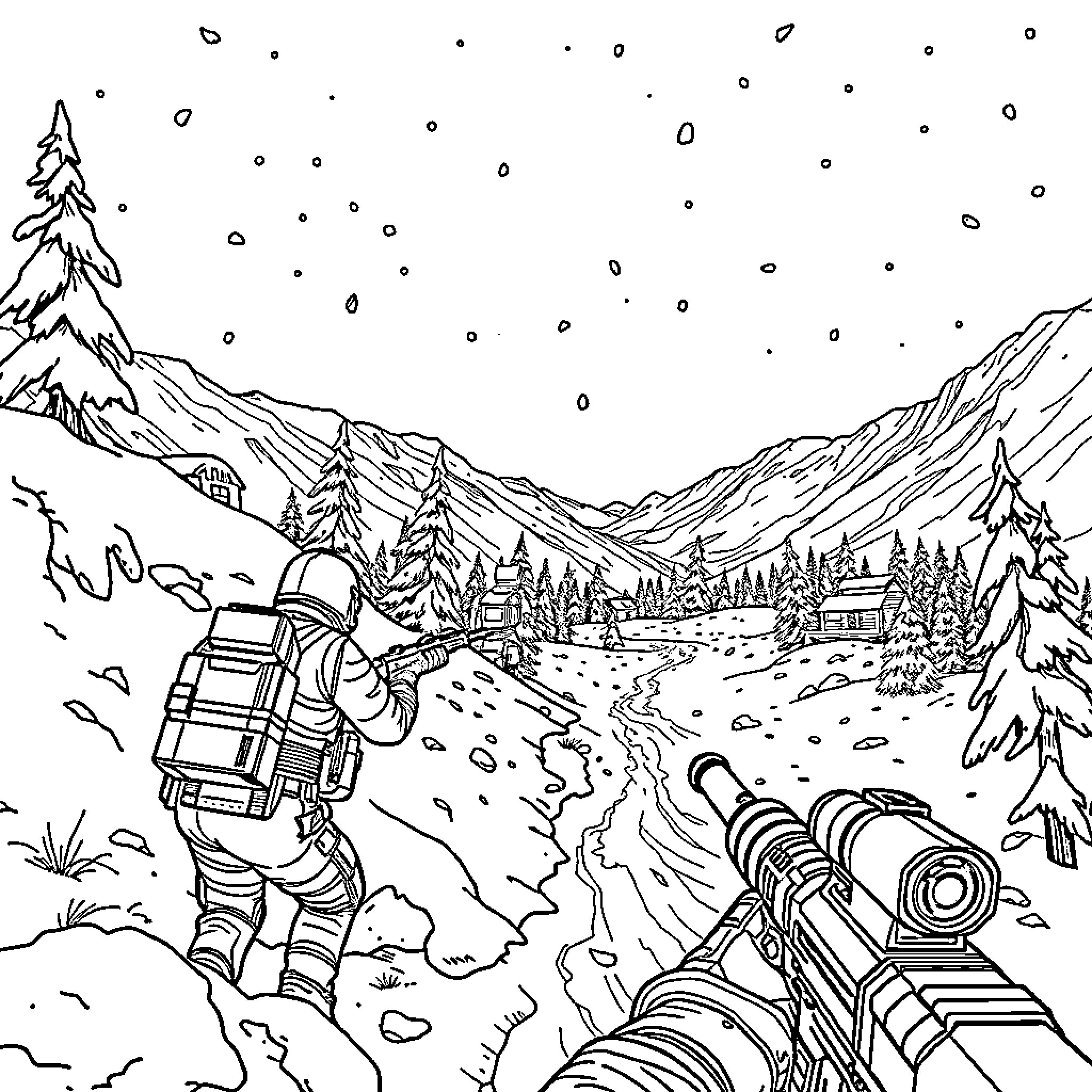 Snowdrift adventure in the snowy mountains Coloring Page (free black-and-white line drawing printable PDF for all, from beginners to advanced learners, including children, teens, adults, and seniors)