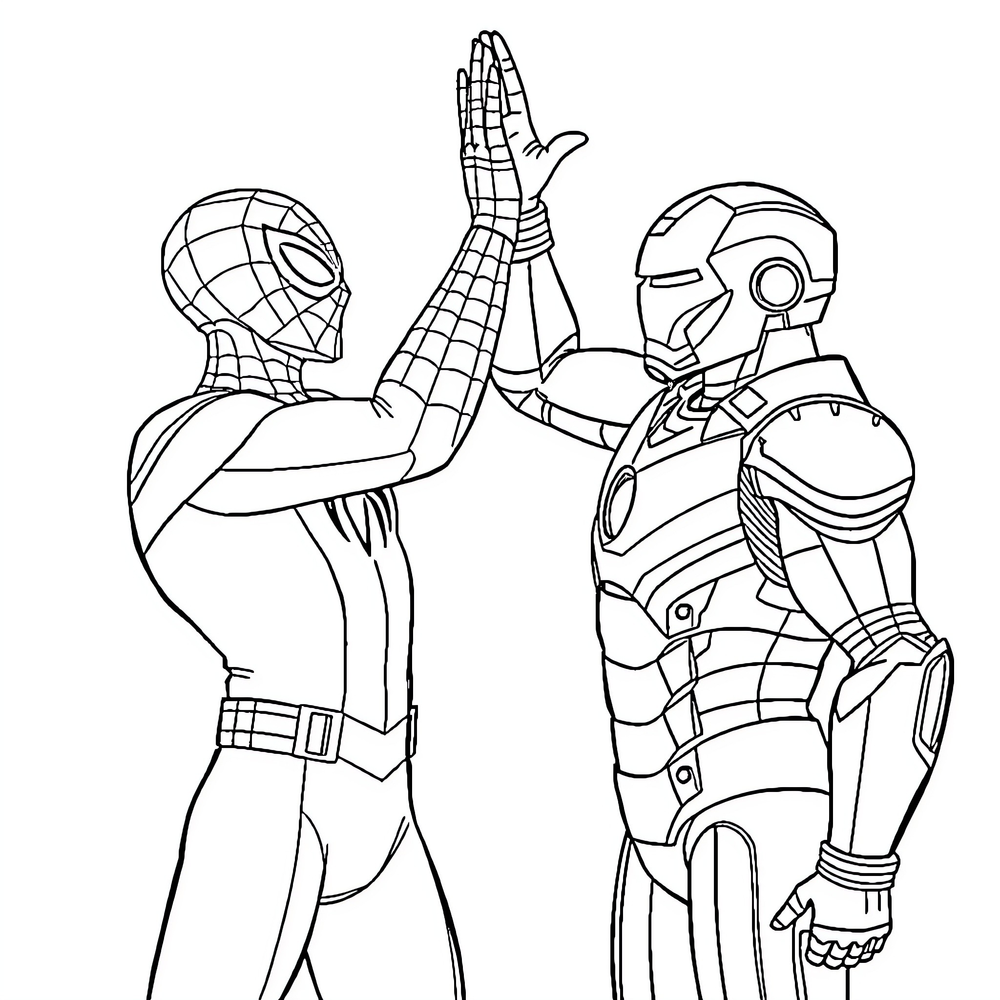 Spider-Man assisting a futuristic robot ally Coloring Page (free black-and-white line drawing printable PDF for all, from beginners to advanced learners, including children, teens, adults, and seniors)