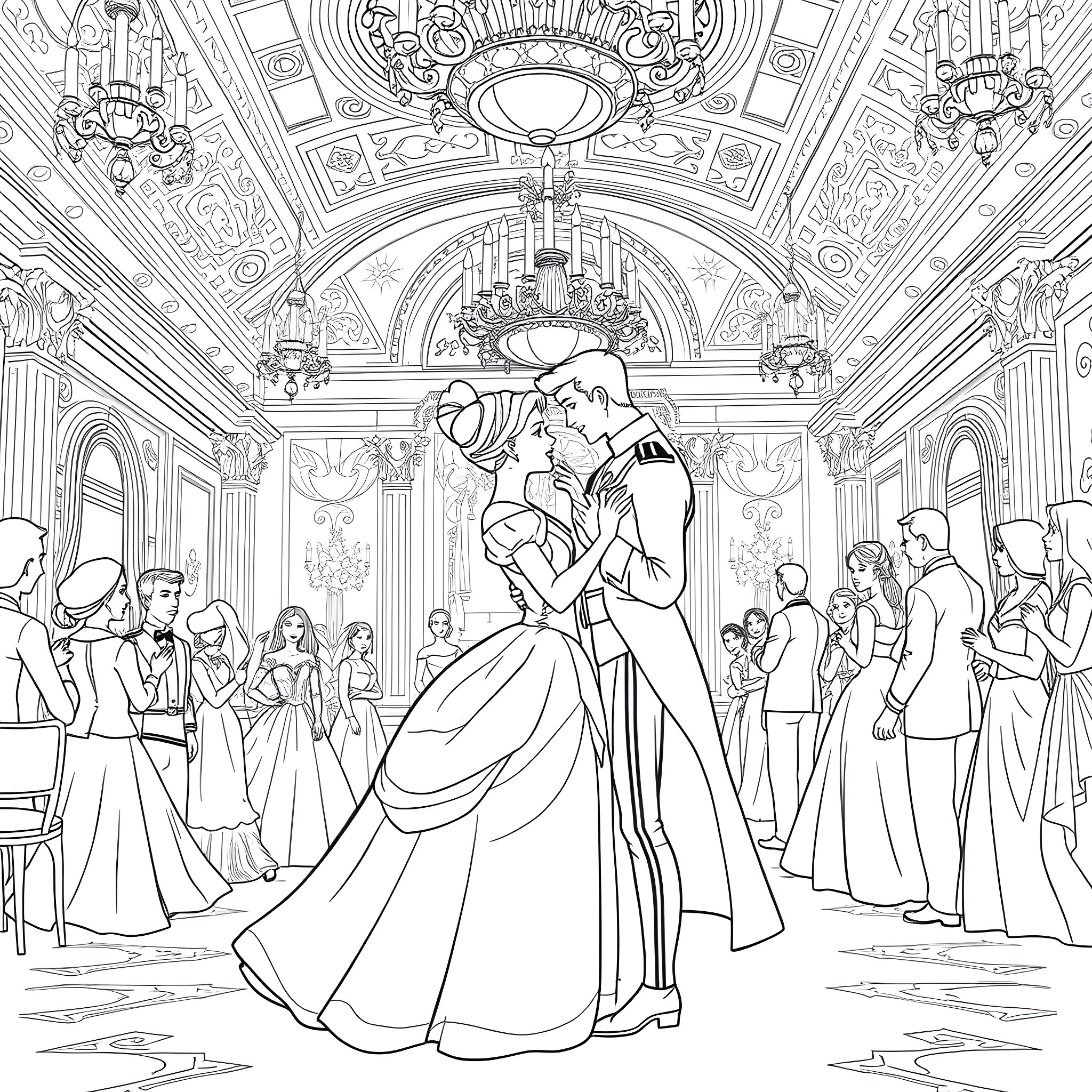 Cinderella's Fairytale Ball: Elegant Dance Amid Grandeur Coloring Page (free black-and-white line drawing printable PDF for all, from beginners to advanced learners, including children, teens, adults, and seniors)