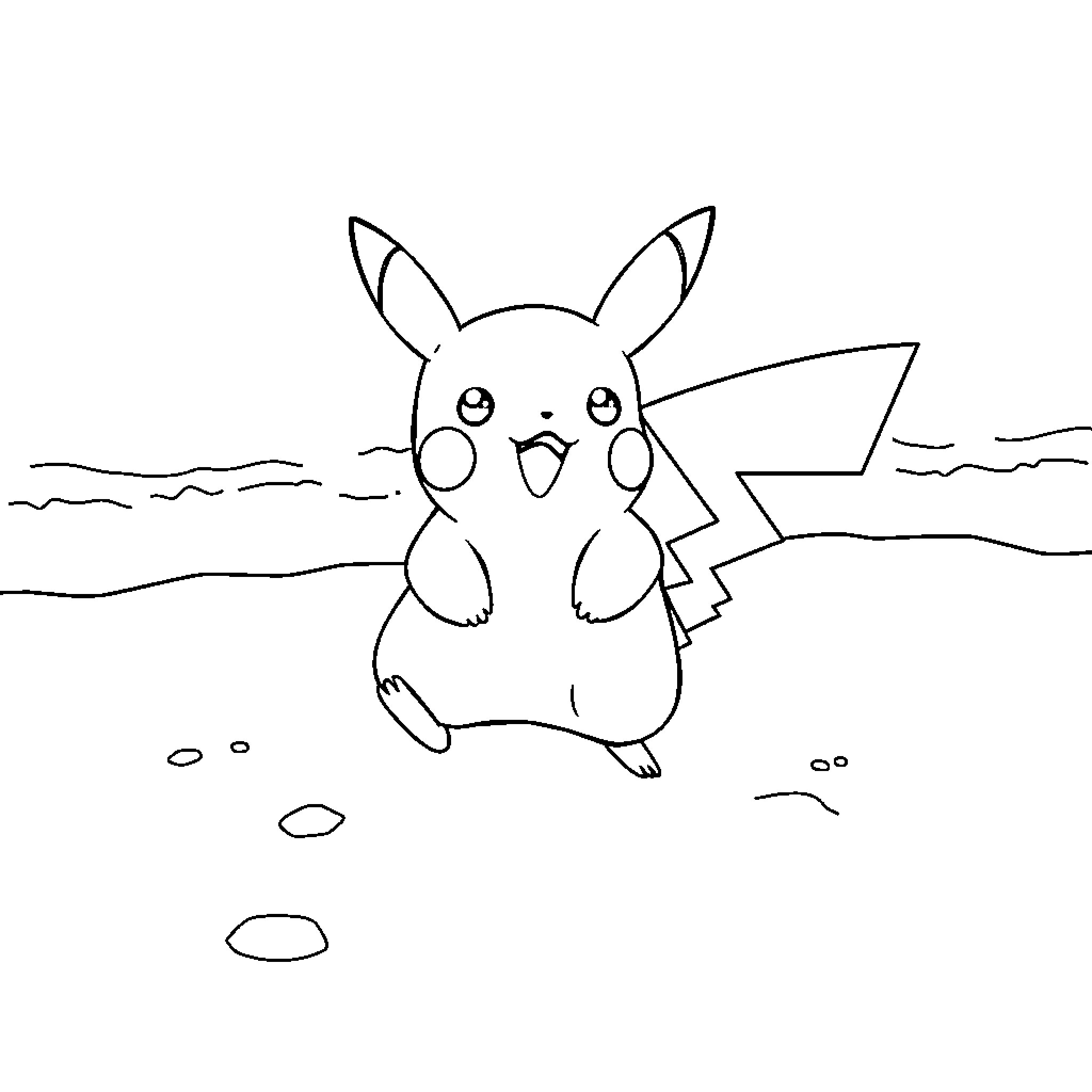 Pikachu enjoying a playful moment outdoors Coloring Page (free black-and-white line drawing printable PDF for all, from beginners to advanced learners, including children, teens, adults, and seniors)