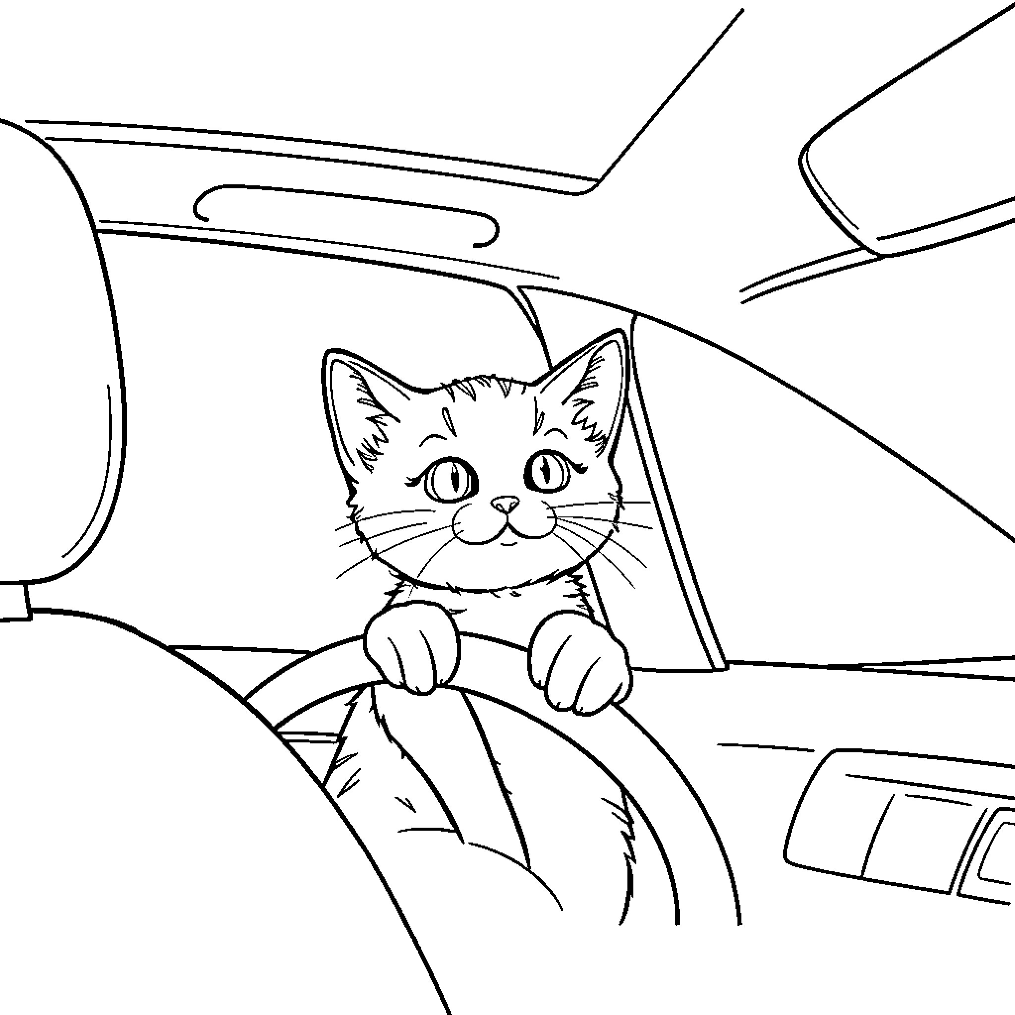 Chat with Curious Kitten in Car Coloring Page (free black-and-white line drawing printable PDF for all, from beginners to advanced learners, including children, teens, adults, and seniors)