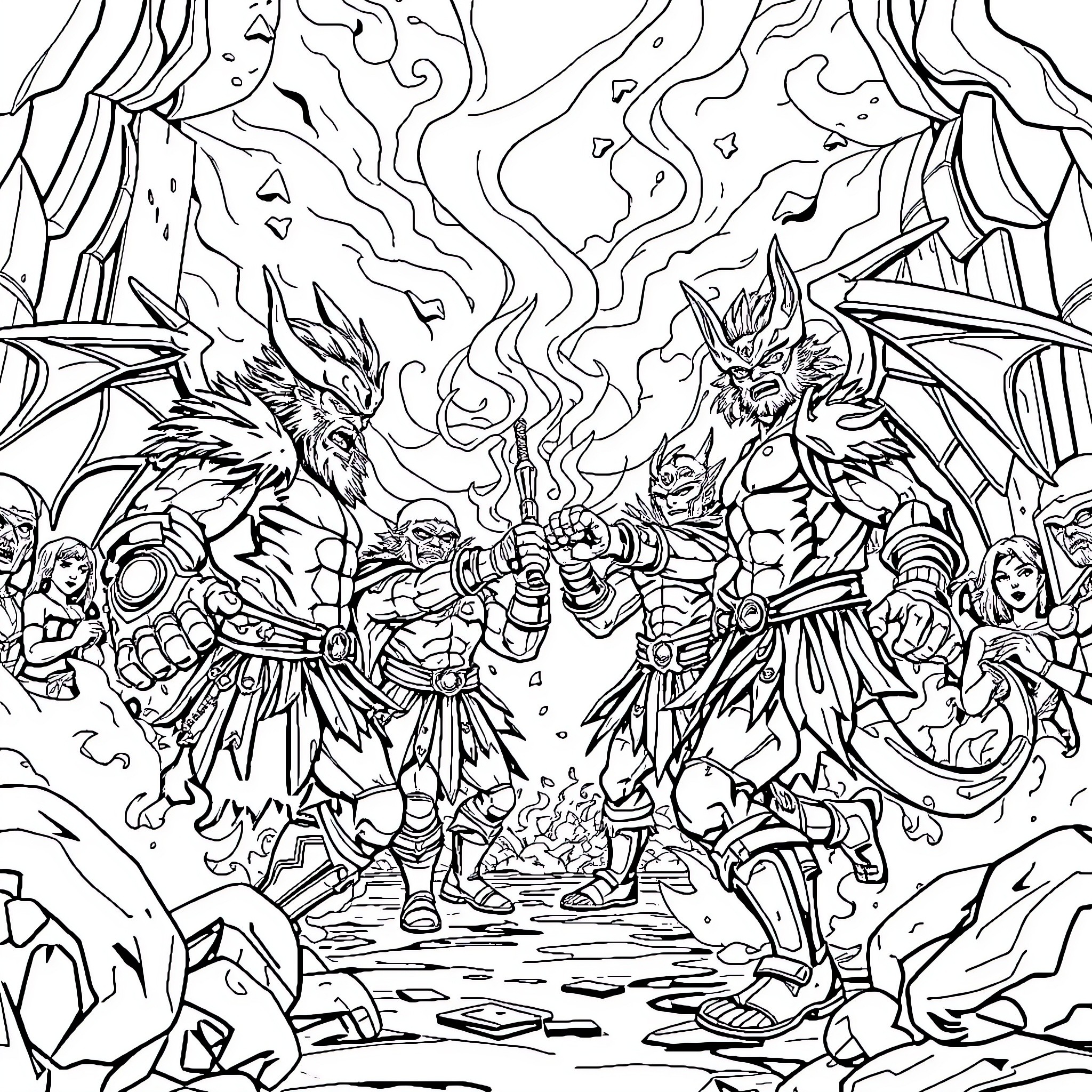 Brawler Warriors Clash in Chaotic Fantasy Landscape Coloring Page (free black-and-white line drawing printable PDF for all, from beginners to advanced learners, including children, teens, adults, and seniors)