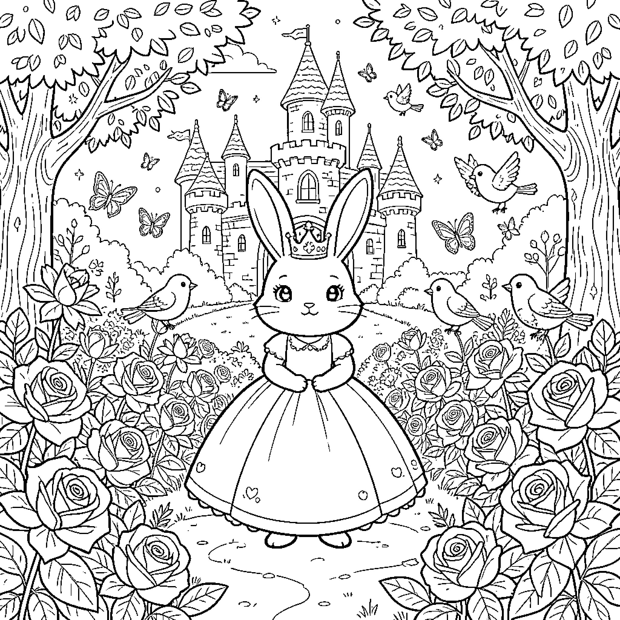 Bunny in a princess dress in a garden Coloring Page (free black-and-white line drawing printable PDF for all, from beginners to advanced learners, including children, teens, adults, and seniors)