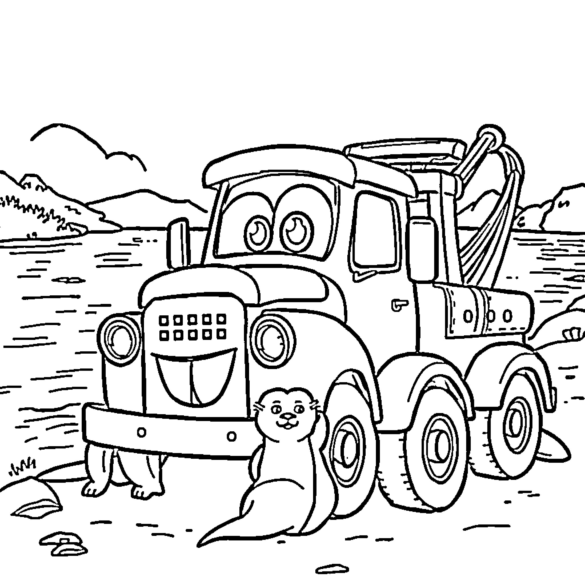 Otter riding a friendly tow truck in the countryside Coloring Page (free black-and-white line drawing printable PDF for all, from beginners to advanced learners, including children, teens, adults, and seniors)