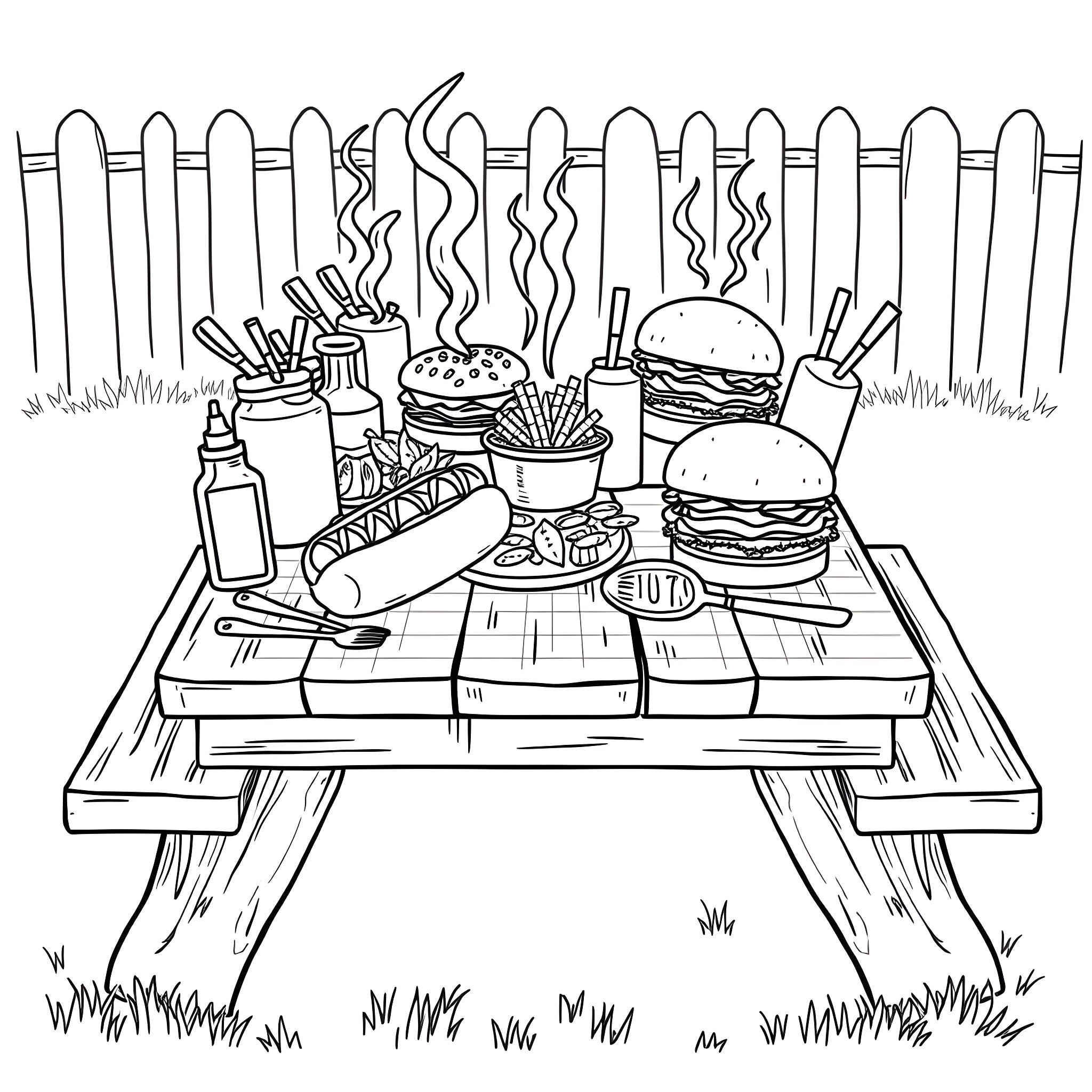 Hotdog And Hamburger Enjoying Outdoor Picnic Coloring Page (free black-and-white line drawing printable PDF for all, from beginners to advanced learners, including children, teens, adults, and seniors)