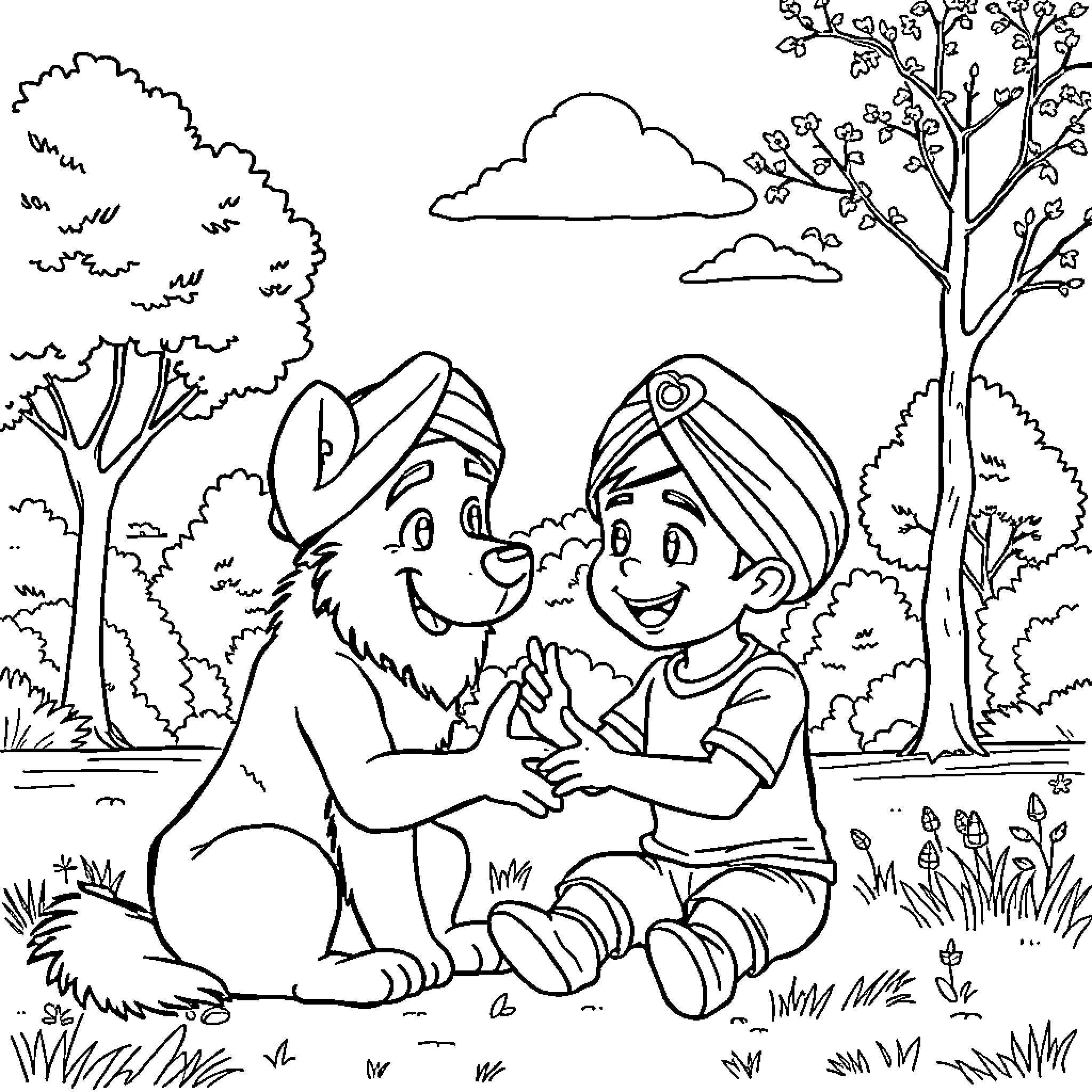 Skye's Friendly Encounter in the Enchanted Forest Coloring Page (free black-and-white line drawing printable PDF for all, from beginners to advanced learners, including children, teens, adults, and seniors)