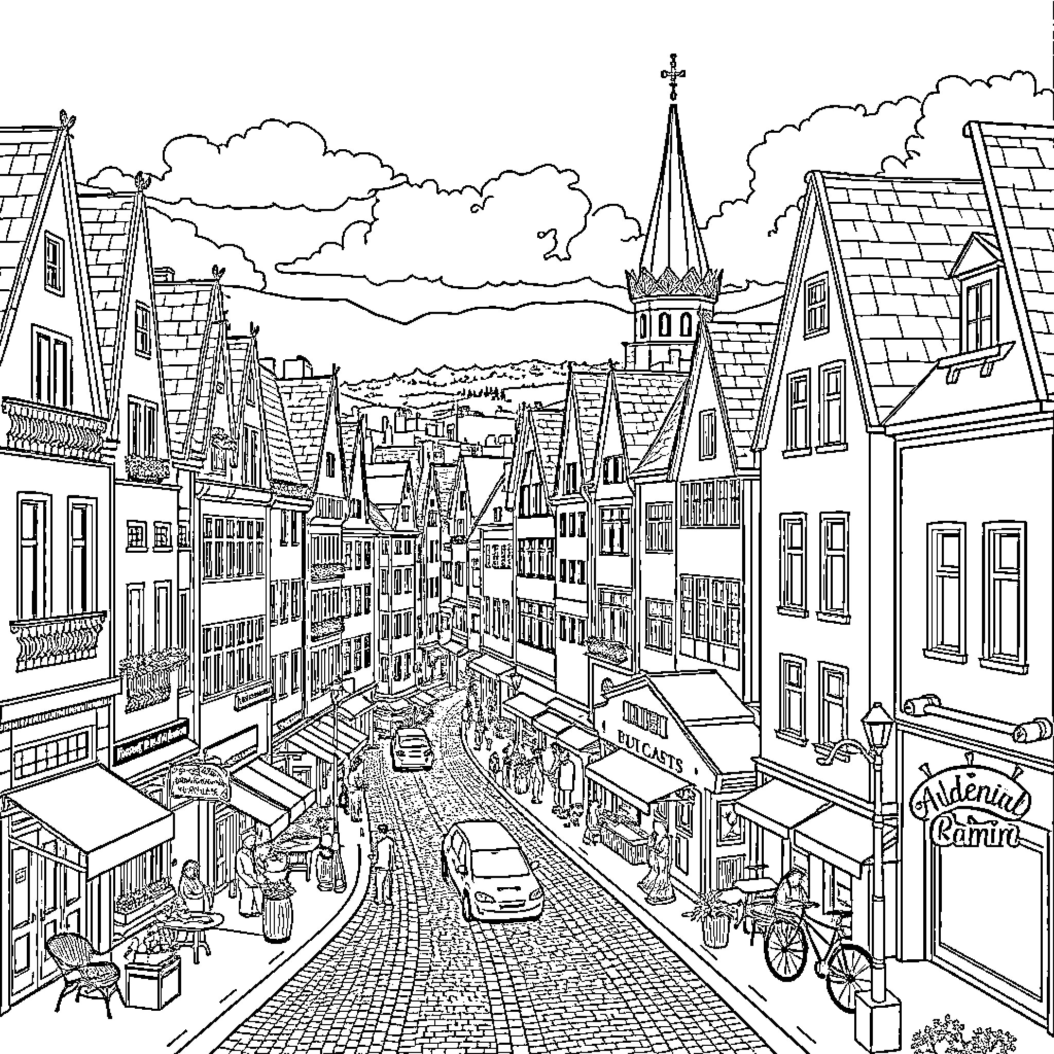 City bustling with lively activity and architecture Coloring Page (free black-and-white line drawing printable PDF for all, from beginners to advanced learners, including children, teens, adults, and seniors)