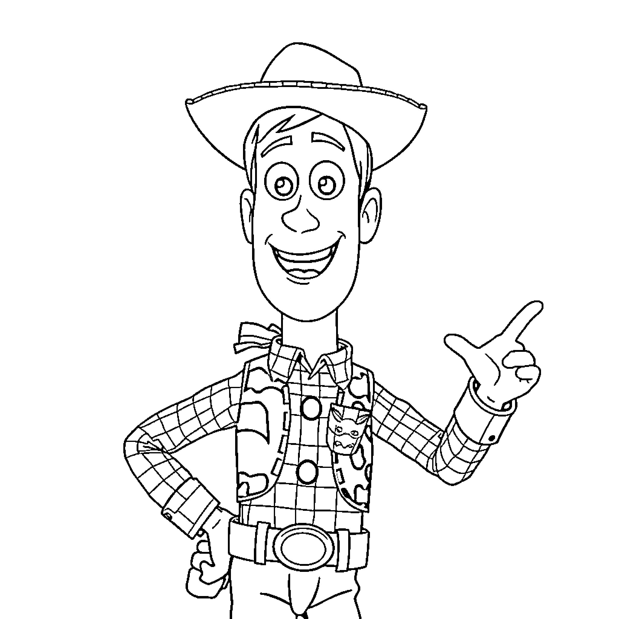Woody's Excited Cowboy Pose Coloring Page (free black-and-white line drawing printable PDF for all, from beginners to advanced learners, including children, teens, adults, and seniors)