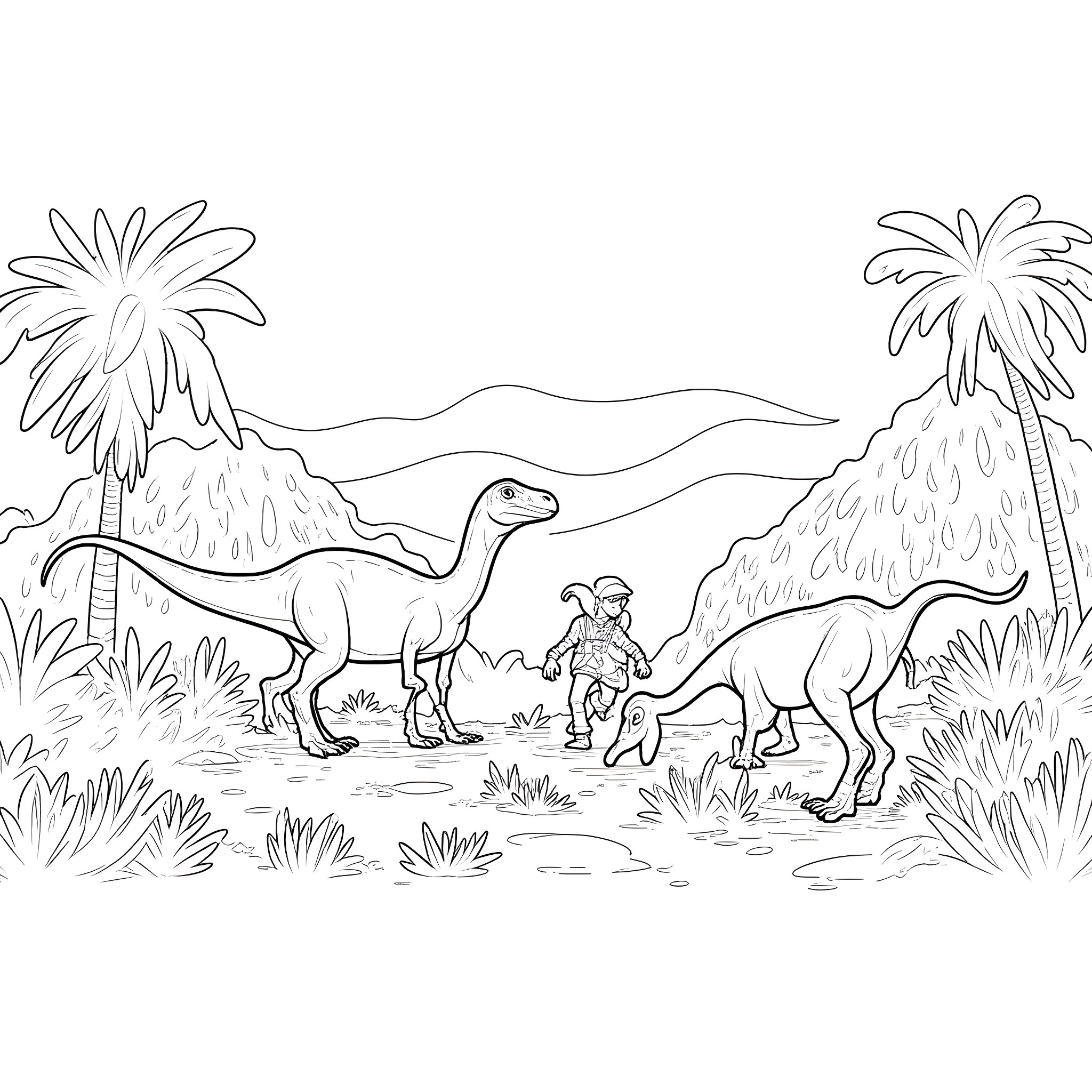 Jurassic Park Dinosaur Explorer Adventure Coloring Page (free black-and-white line drawing printable PDF for all, from beginners to advanced learners, including children, teens, adults, and seniors)