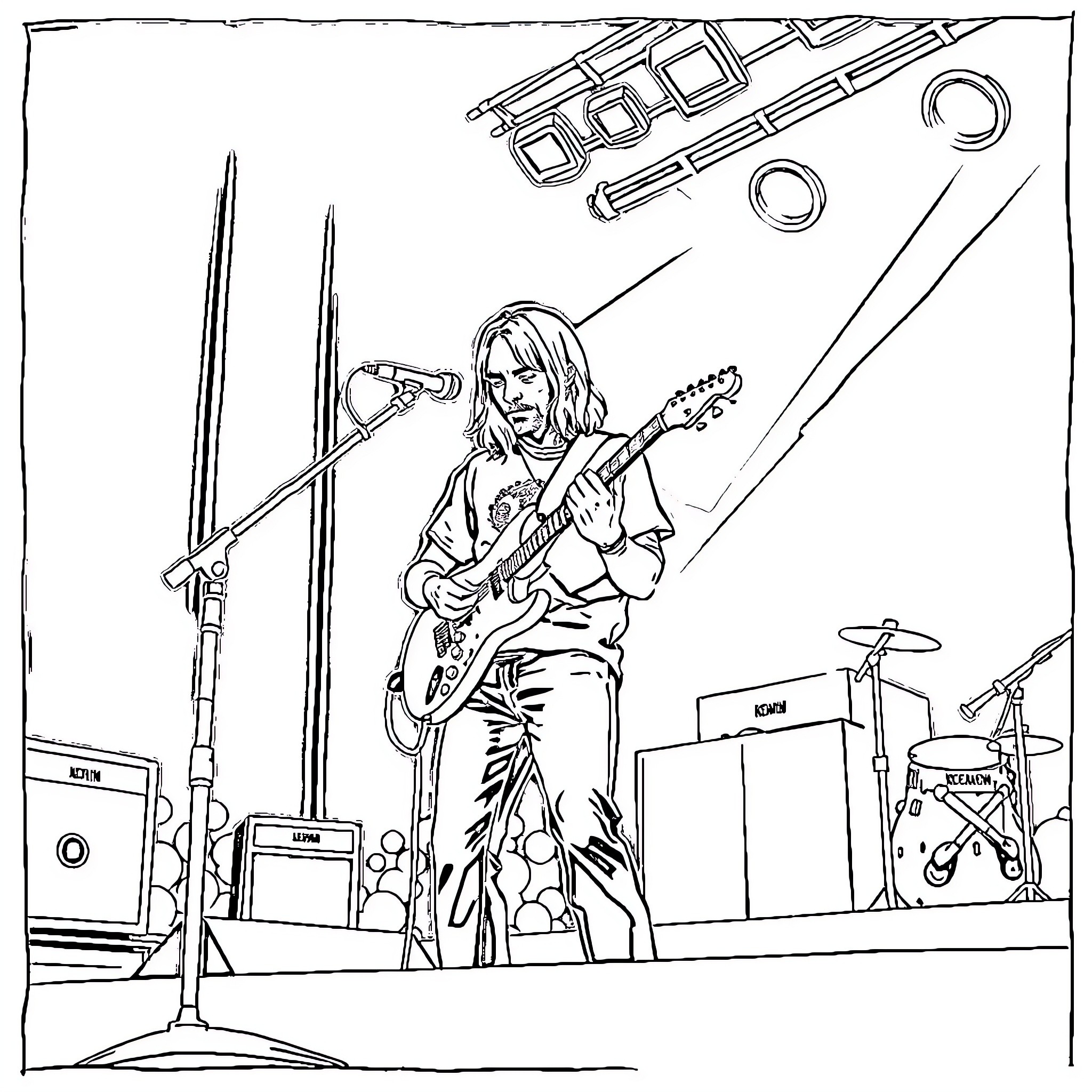 Kurt Cobain performing on stage with guitar Coloring Page (free black-and-white line drawing printable PDF for all, from beginners to advanced learners, including children, teens, adults, and seniors)