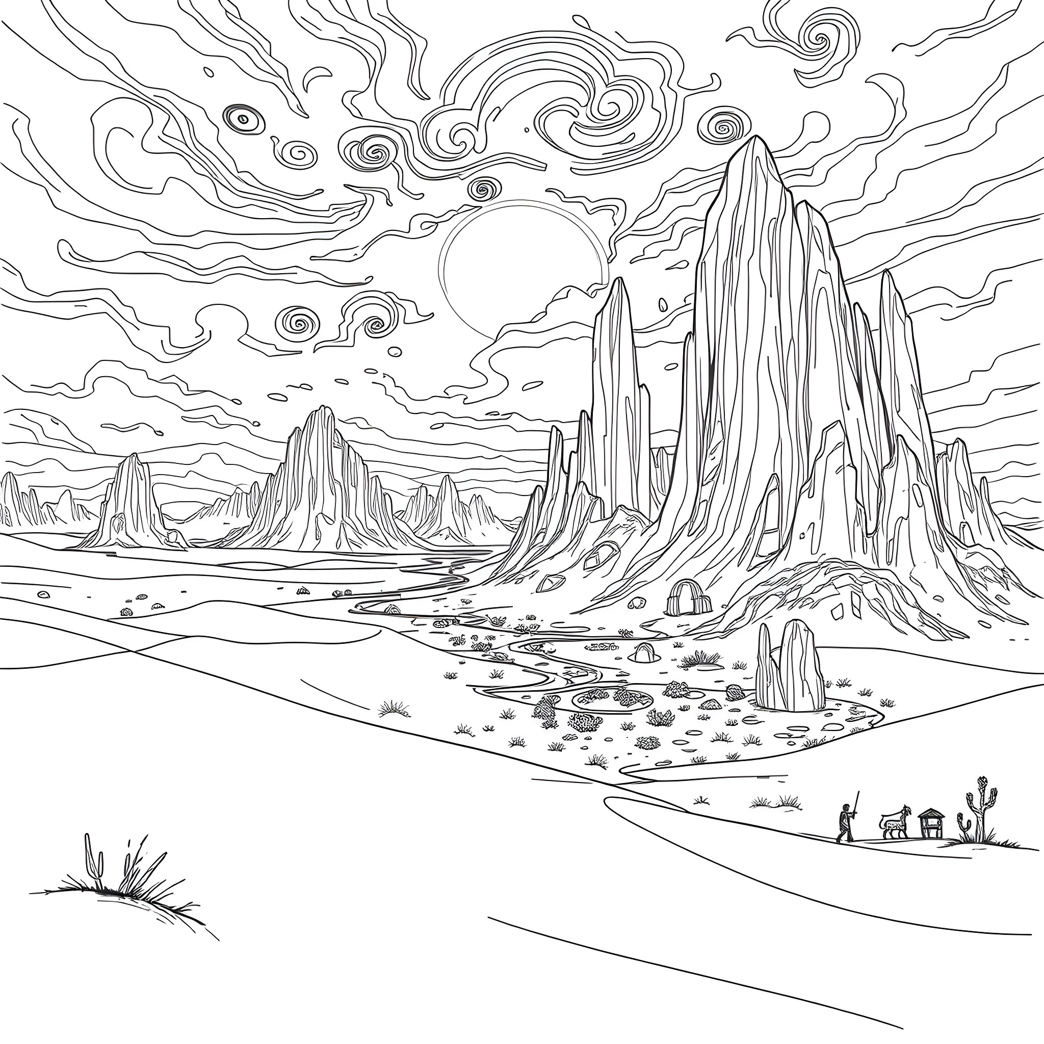 Nature's Whimsical Landscape Coloring Page (free black-and-white line drawing printable PDF for all, from beginners to advanced learners, including children, teens, adults, and seniors)