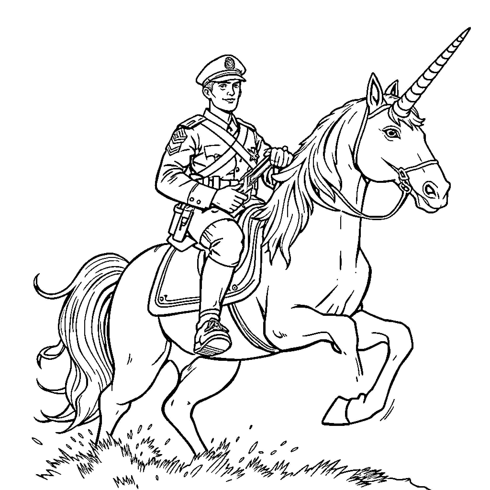 Army Man on Majestic Unicorn Steed Coloring Page (free black-and-white line drawing printable PDF for all, from beginners to advanced learners, including children, teens, adults, and seniors)