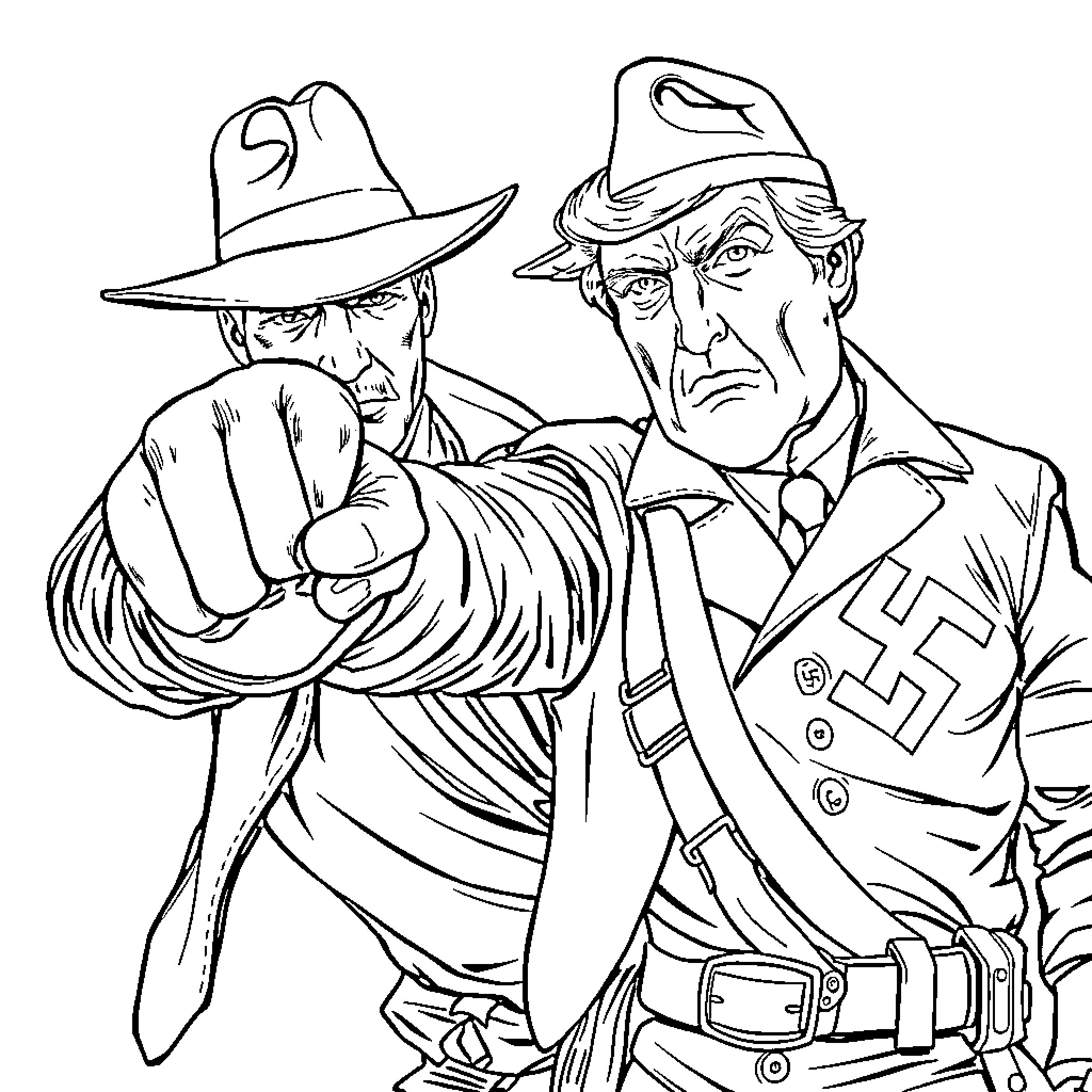 Indiana Jones Confronting Nazi Villain in Iconic Adventure Coloring Page (free black-and-white line drawing printable PDF for all, from beginners to advanced learners, including children, teens, adults, and seniors)