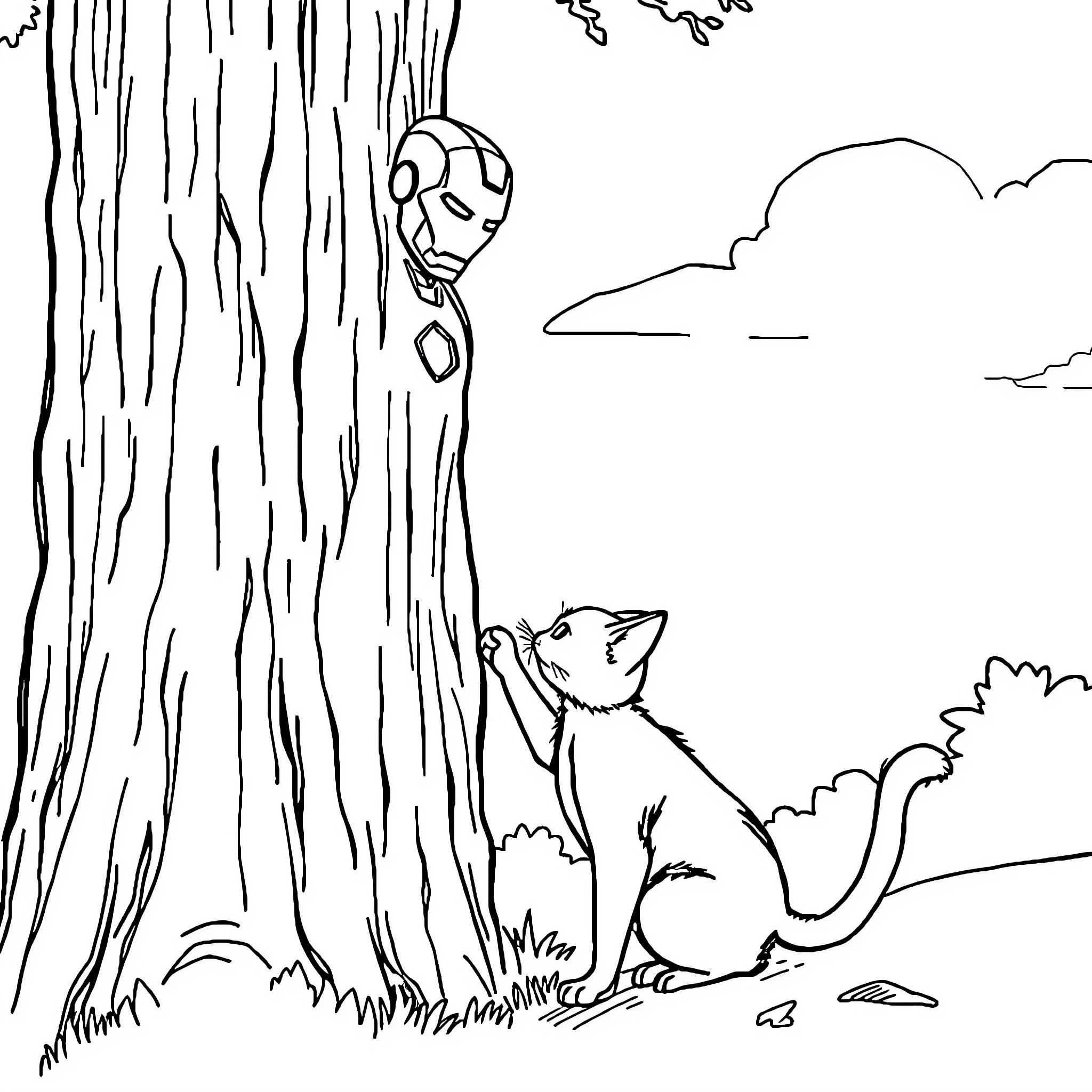 Ironman observing curious fox in forest landscape Coloring Page (free black-and-white line drawing printable PDF for all, from beginners to advanced learners, including children, teens, adults, and seniors)