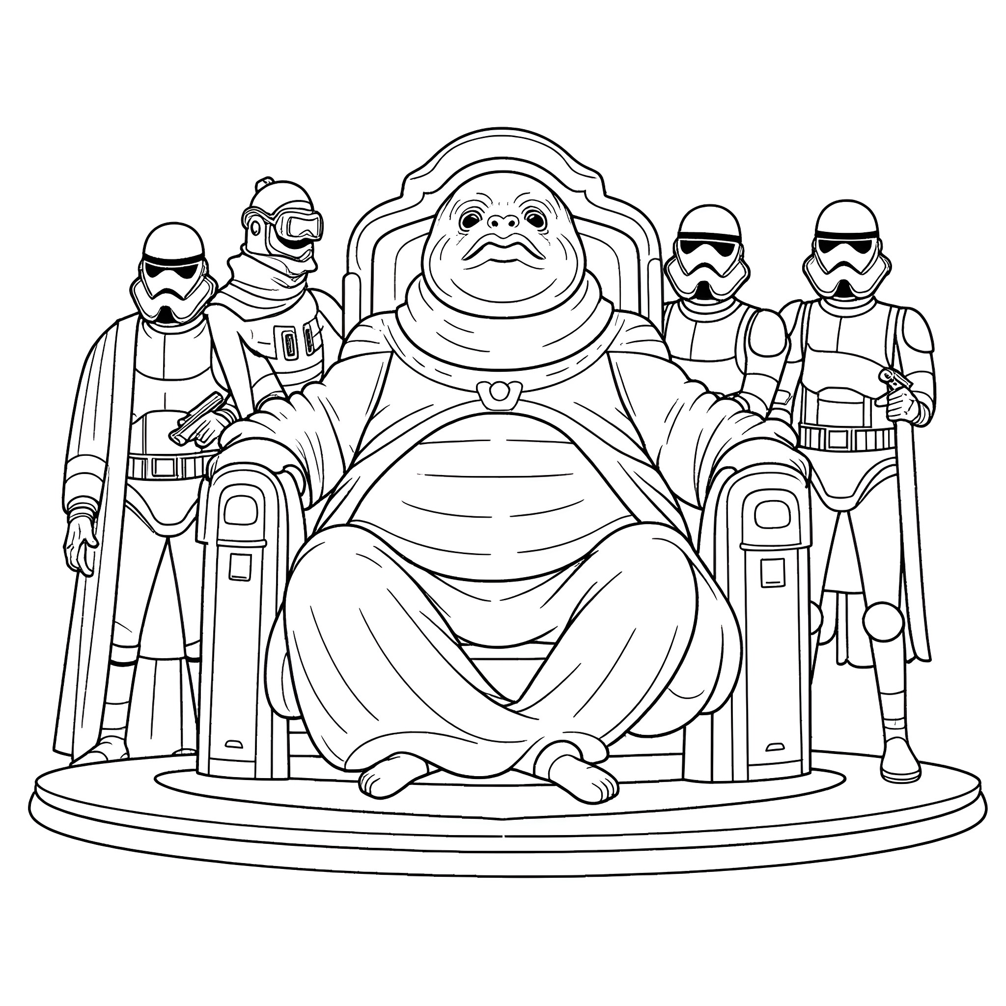 Jabba the Hutt seated with Imperial guards Coloring Page (free black-and-white line drawing printable PDF for all, from beginners to advanced learners, including children, teens, adults, and seniors)