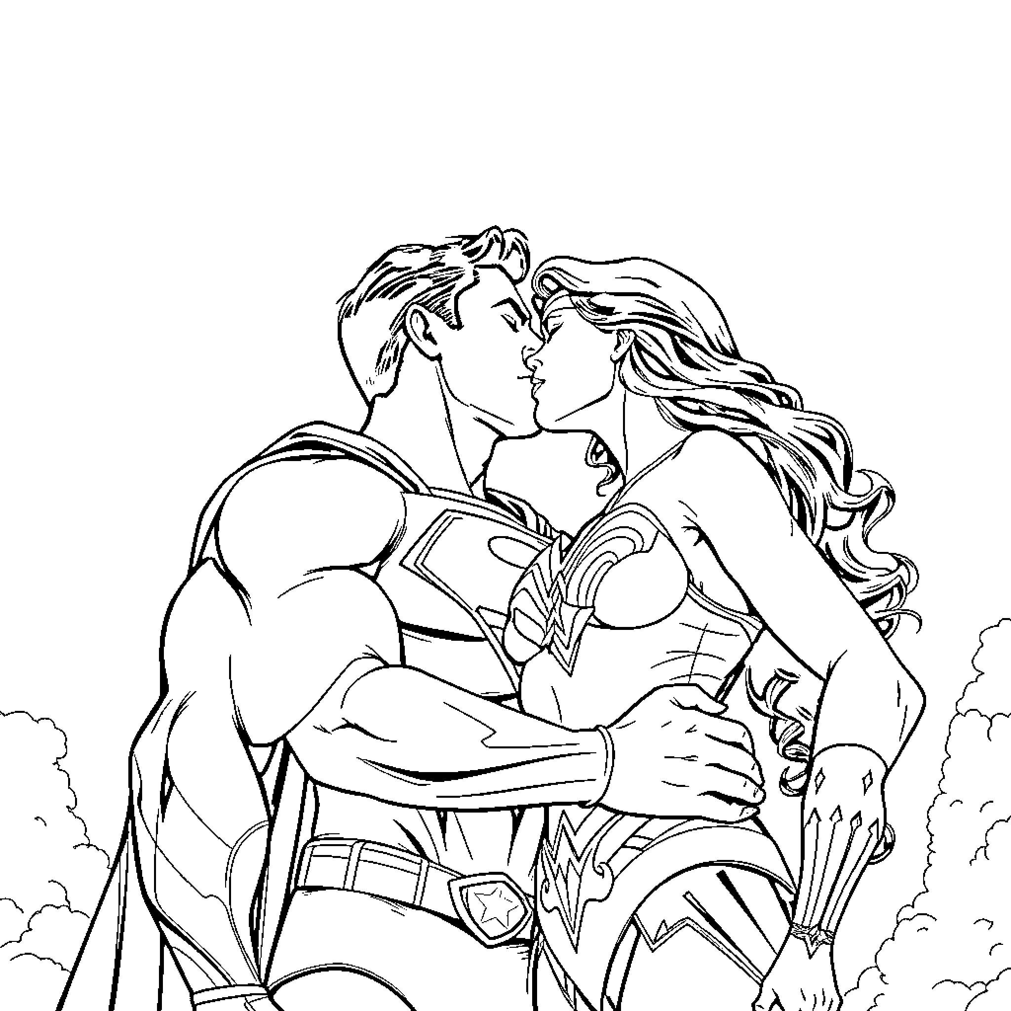 Superman embracing Wonder Woman in a romantic scene Coloring Page (free black-and-white line drawing printable PDF for all, from beginners to advanced learners, including children, teens, adults, and seniors)