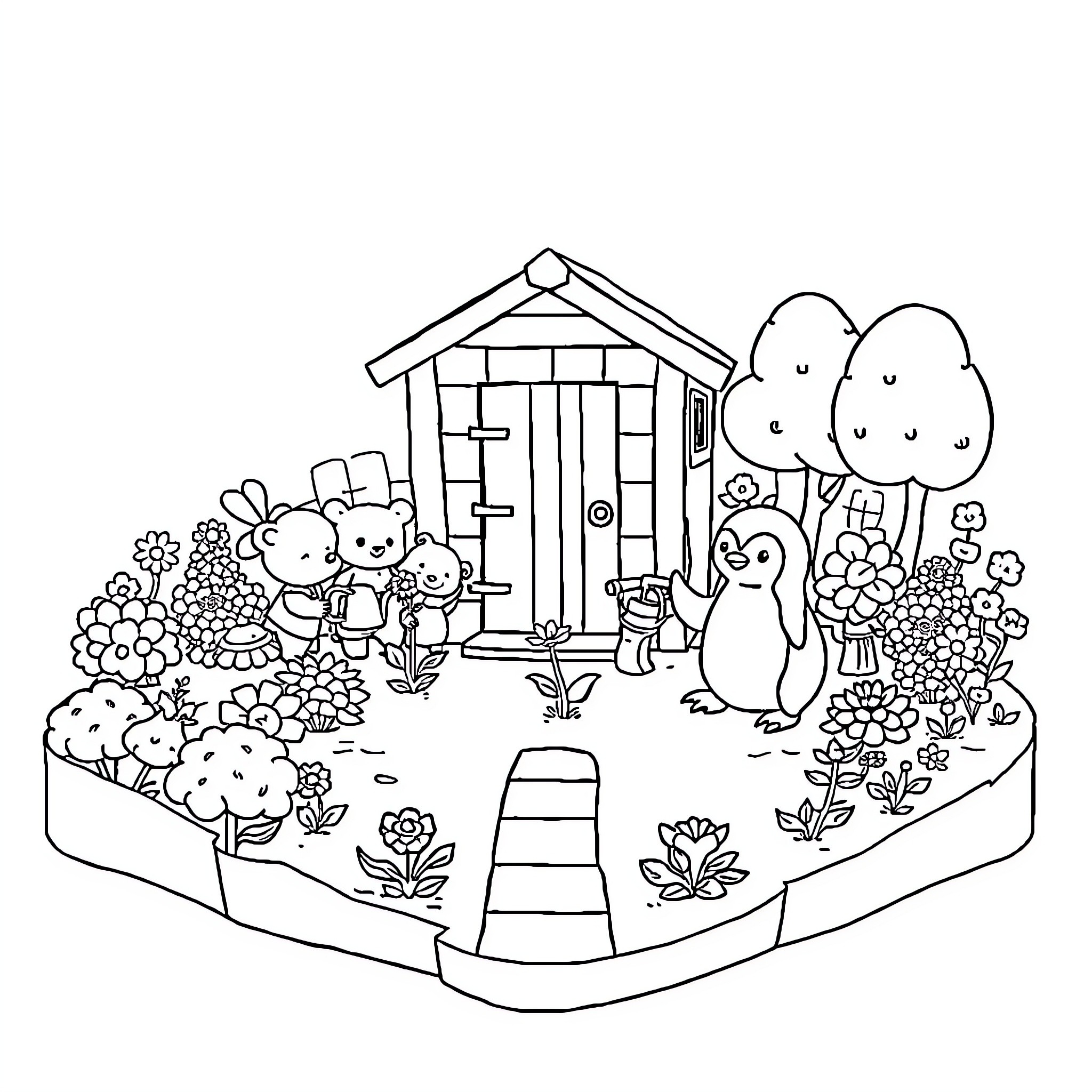 Garden animals playing and exploring a cottage Coloring Page (free black-and-white line drawing printable PDF for all, from beginners to advanced learners, including children, teens, adults, and seniors)