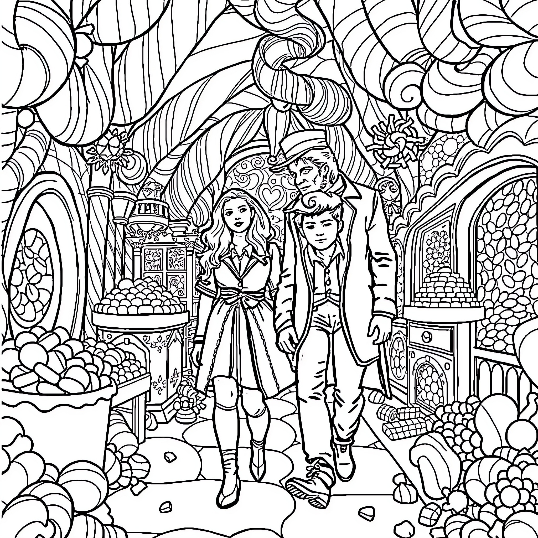 Twilight Characters in Fantastical Landscape Coloring Page (free black-and-white line drawing printable PDF for all, from beginners to advanced learners, including children, teens, adults, and seniors)