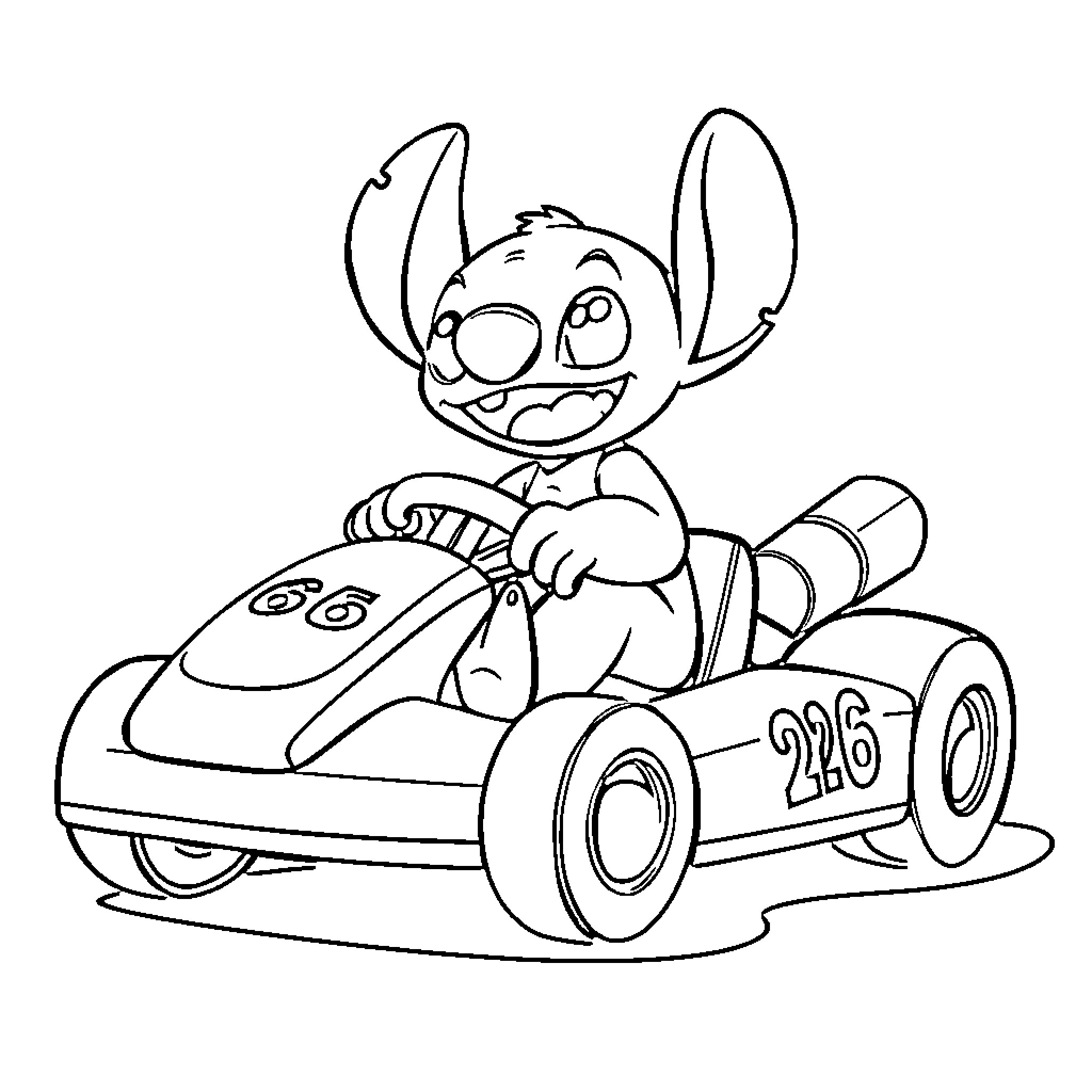 Stitch racing in a colorful kart Coloring Page (free black-and-white line drawing printable PDF for all, from beginners to advanced learners, including children, teens, adults, and seniors)