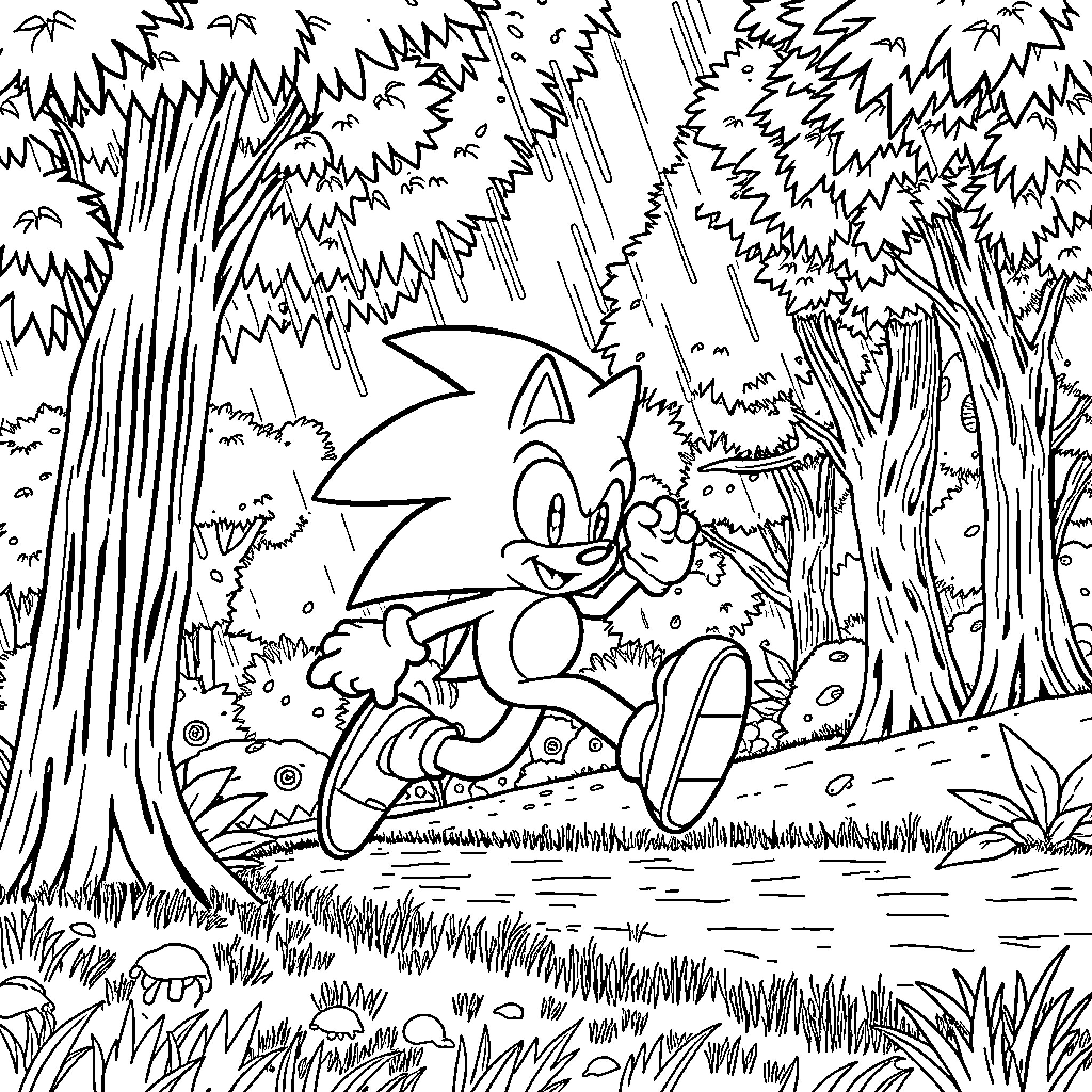 Sonic's Adventurous Escapade in the Forest Coloring Page (free black-and-white line drawing printable PDF for all, from beginners to advanced learners, including children, teens, adults, and seniors)