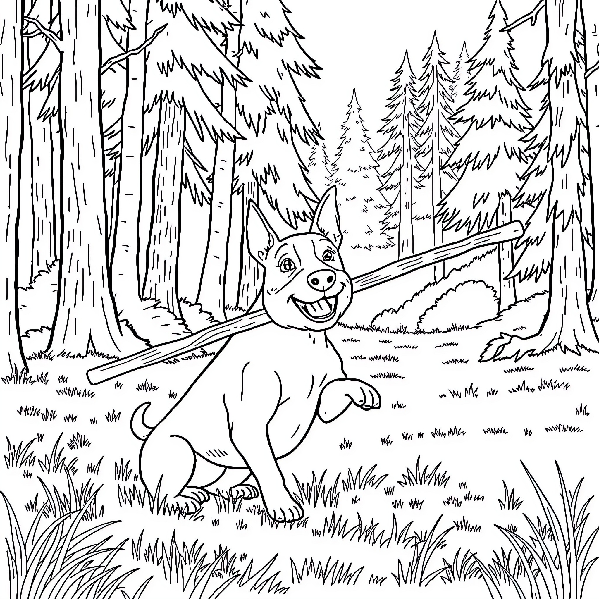 Bullterrier frolicking in the enchanted forest Coloring Page (free black-and-white line drawing printable PDF for all, from beginners to advanced learners, including children, teens, adults, and seniors)