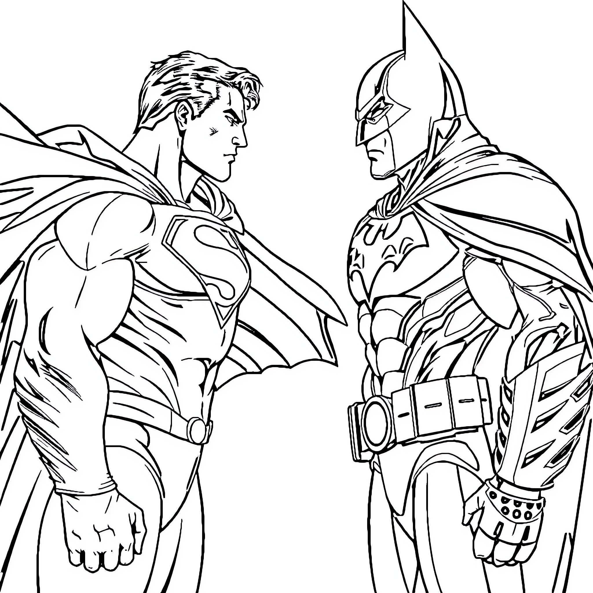 Superman and Batman facing off in heroic stances Coloring Page (free black-and-white line drawing printable PDF for all, from beginners to advanced learners, including children, teens, adults, and seniors)