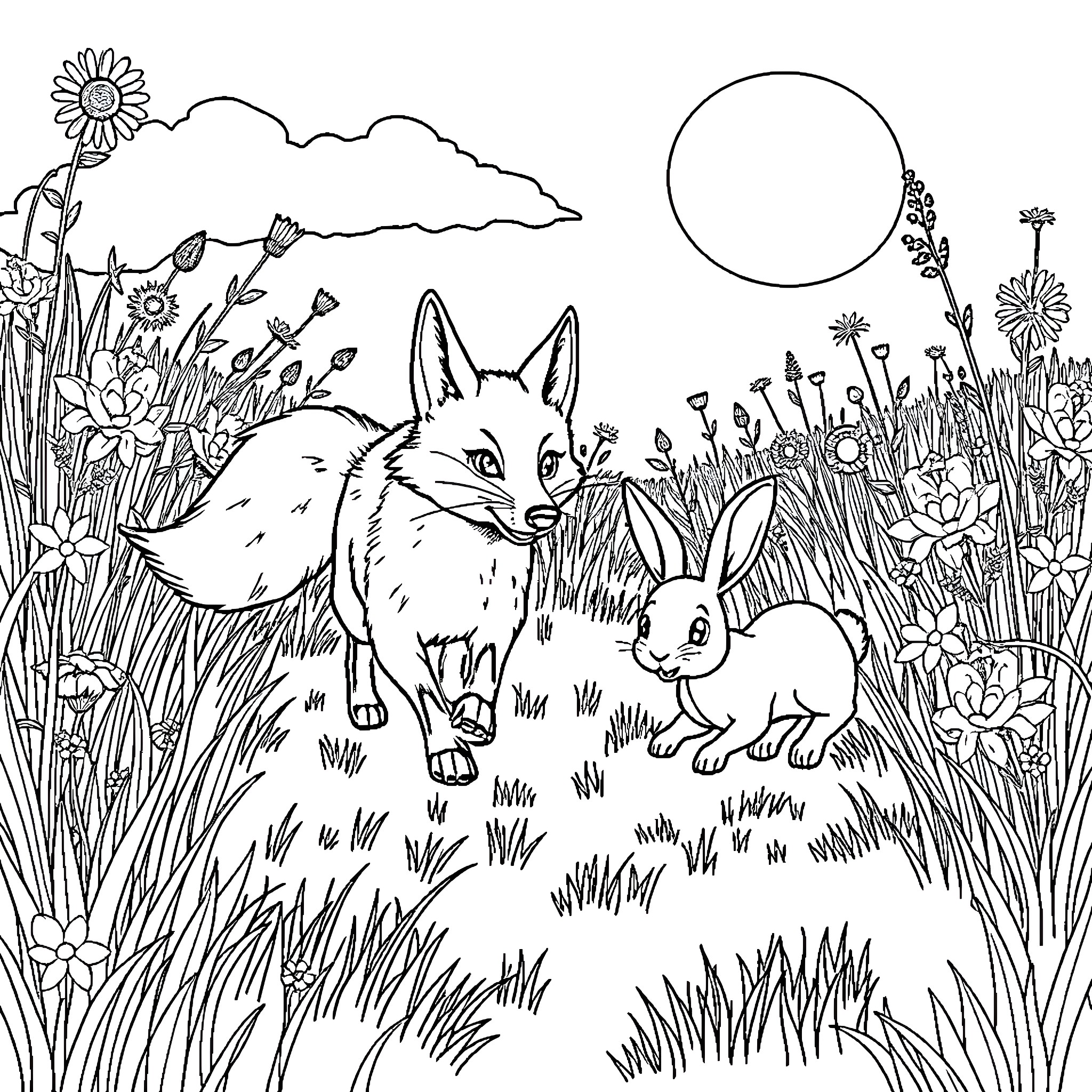 Fox and rabbit playing in a flower-filled meadow Coloring Page (free black-and-white line drawing printable PDF for all, from beginners to advanced learners, including children, teens, adults, and seniors)