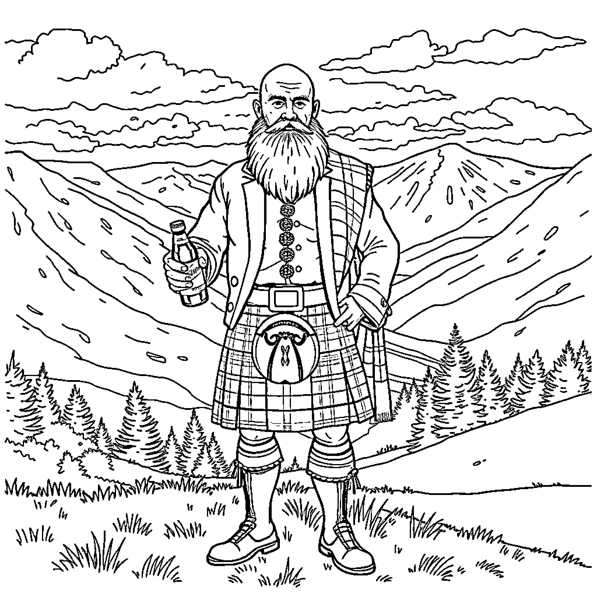 Scotsman in traditional attire exploring the rugged landscape Coloring Page (free black-and-white line drawing printable PDF for all, from beginners to advanced learners, including children, teens, adults, and seniors)